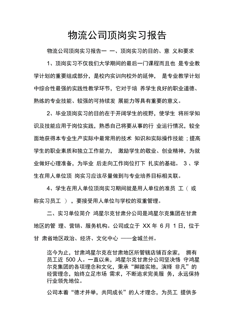 202X年物流公司顶岗实习报告_第1页