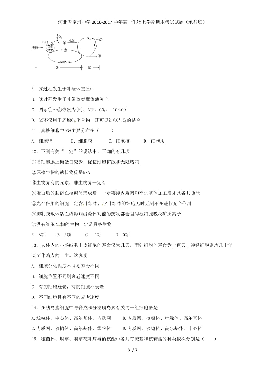 河北省高一生物上学期期末考试试题（承智班）_第3页