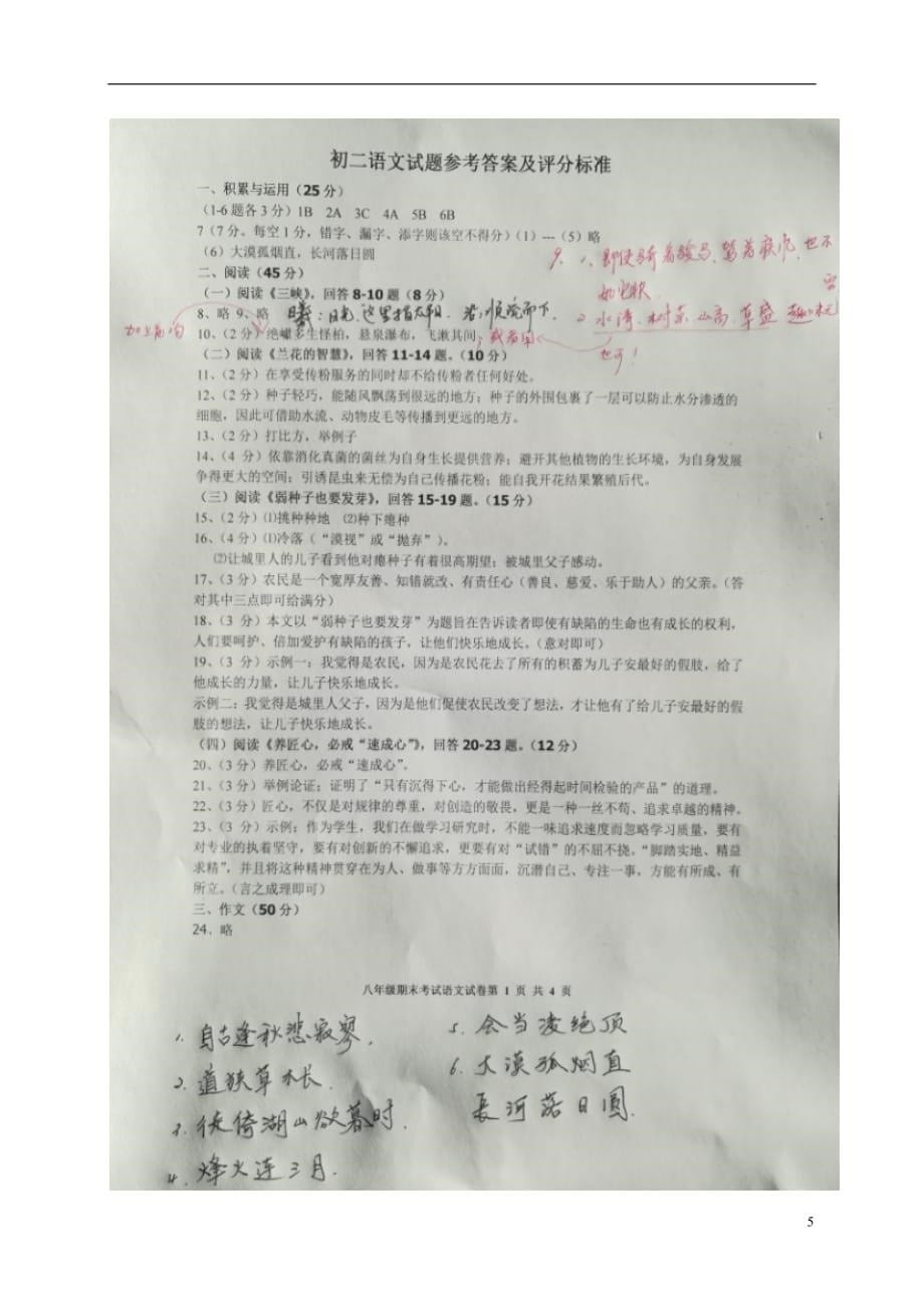 黑龙江省哈尔滨市双城区八年级语文上学期期末考试试题（扫描版）_第5页