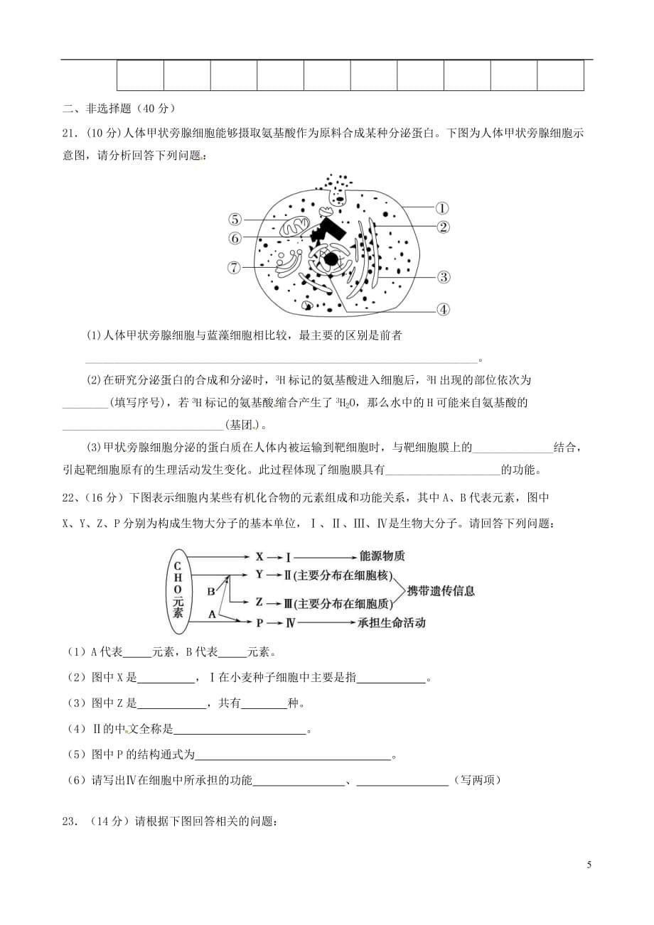 黑龙江省绥棱县职业技术学校高一生物上学期期中试题（普高试卷）（无答案）_第5页