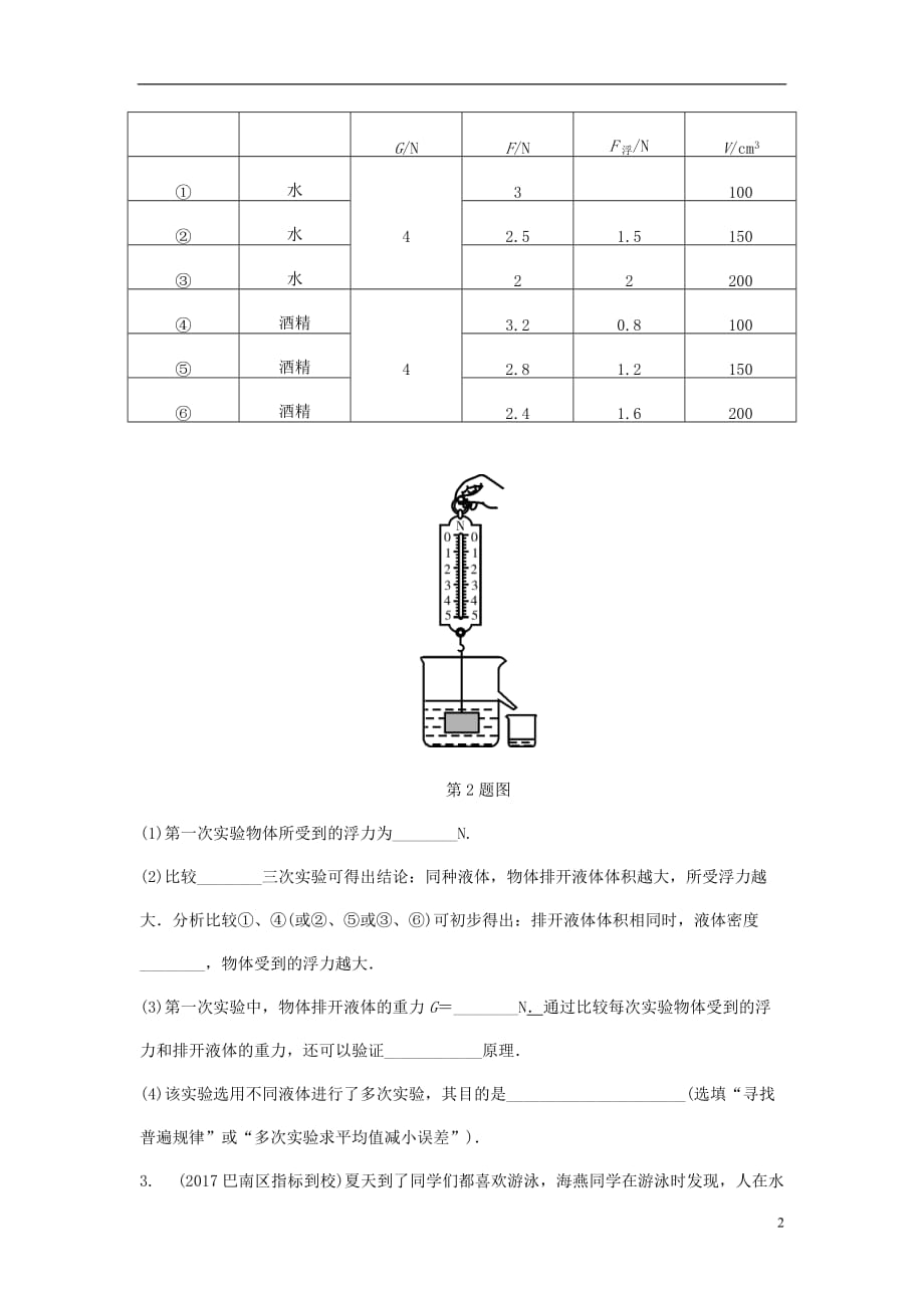 重庆市中考物理总复习第5讲浮力第二节浮力的相关实验测试1_第2页