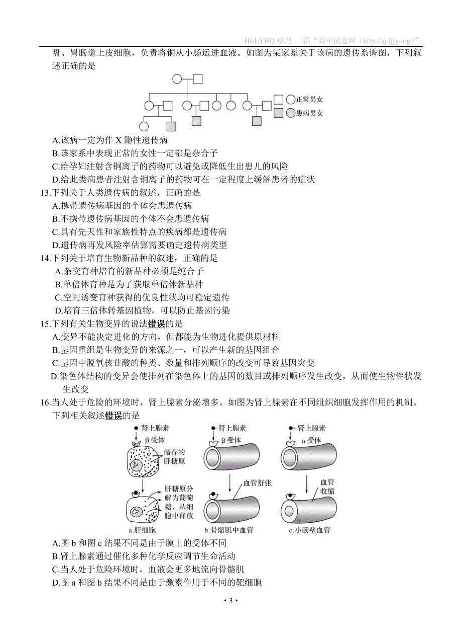 江苏省2019届高三上学期12月月考试题 生物_第3页