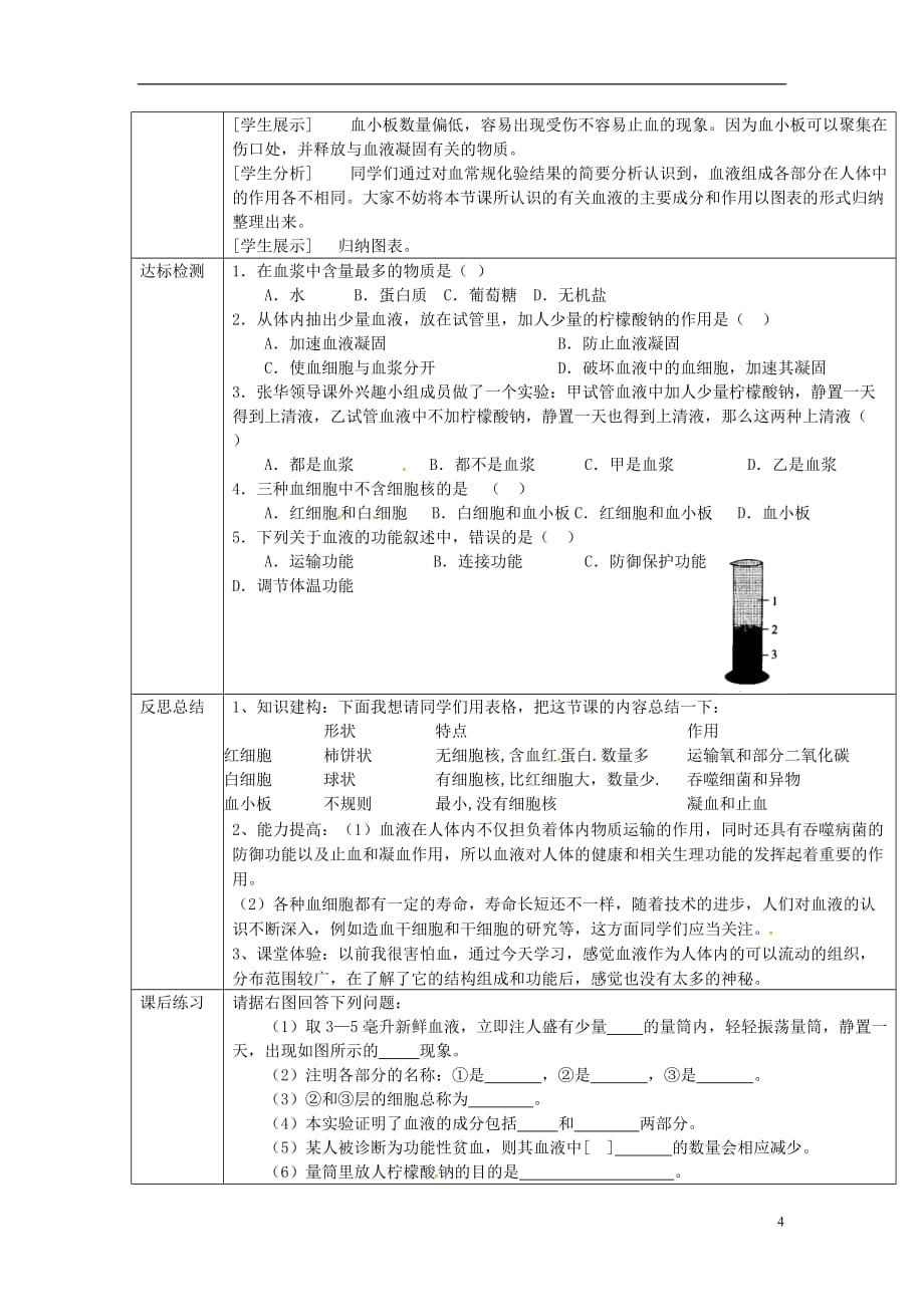 校七年级生物下册4.4.1流动的组织—血液导学案（无答案）（新版）新人教版_第3页