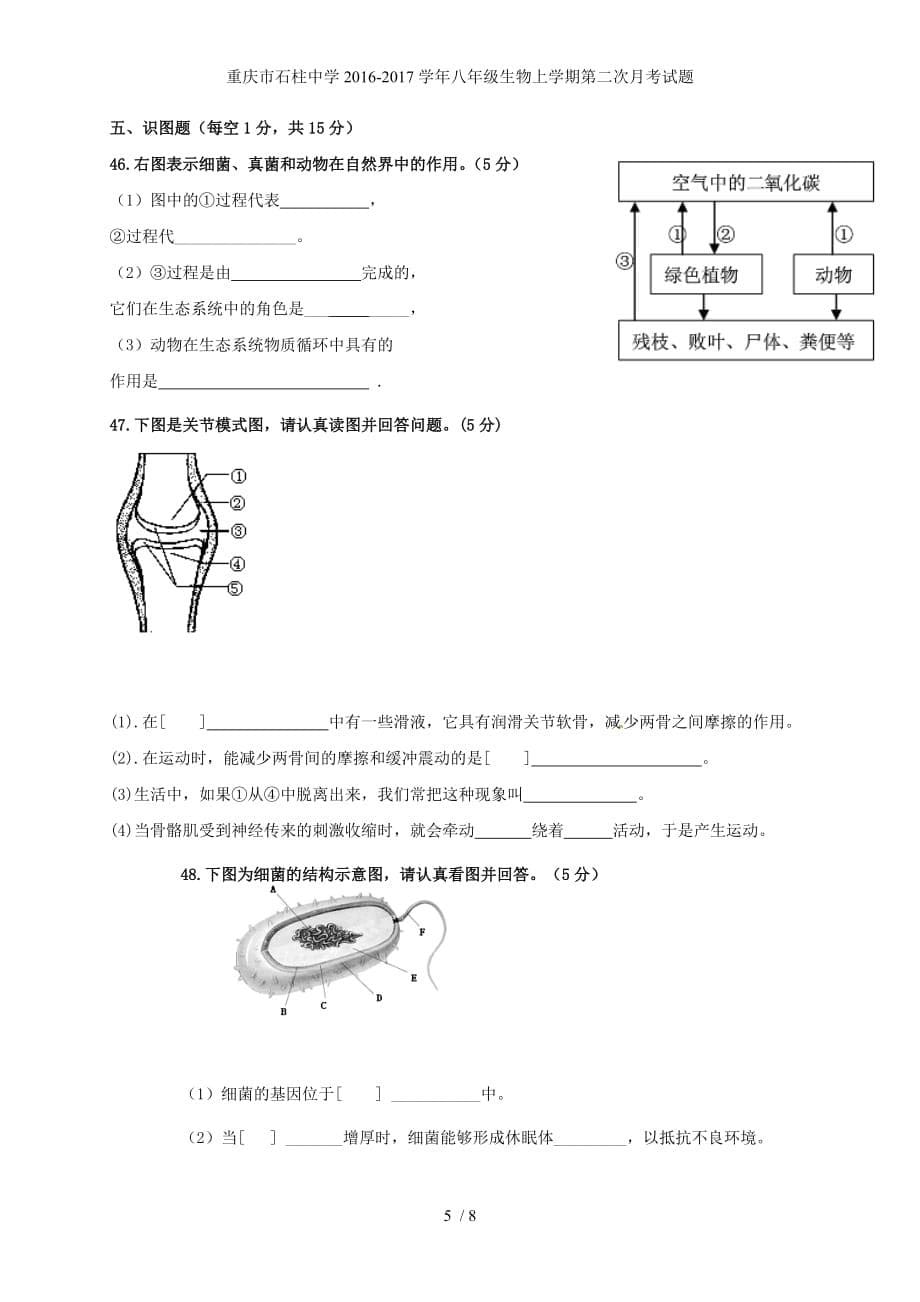 重庆市石柱中学八年级生物上学期第二次月考试题_第5页