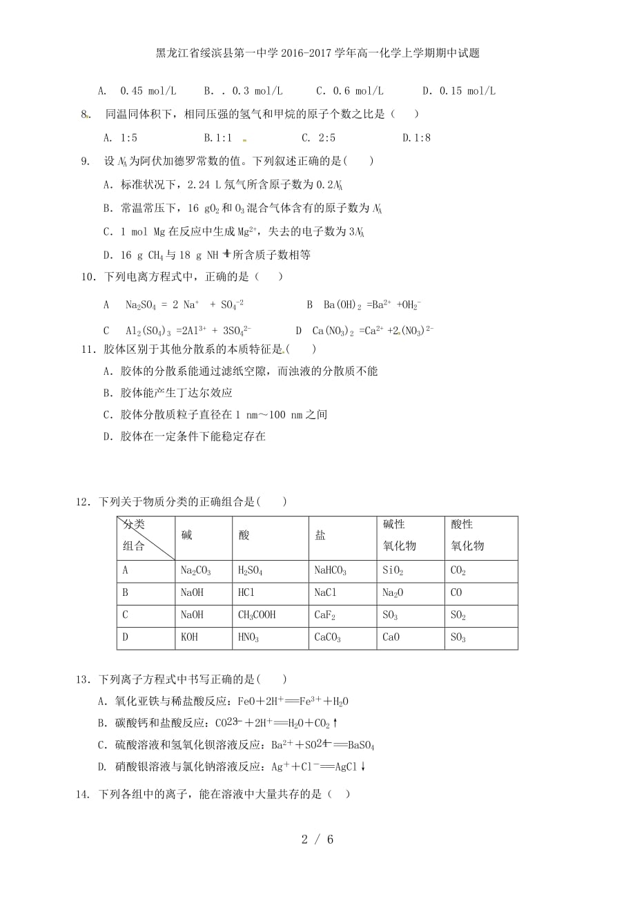 黑龙江省绥滨县第一中学高一化学上学期期中试题_第2页