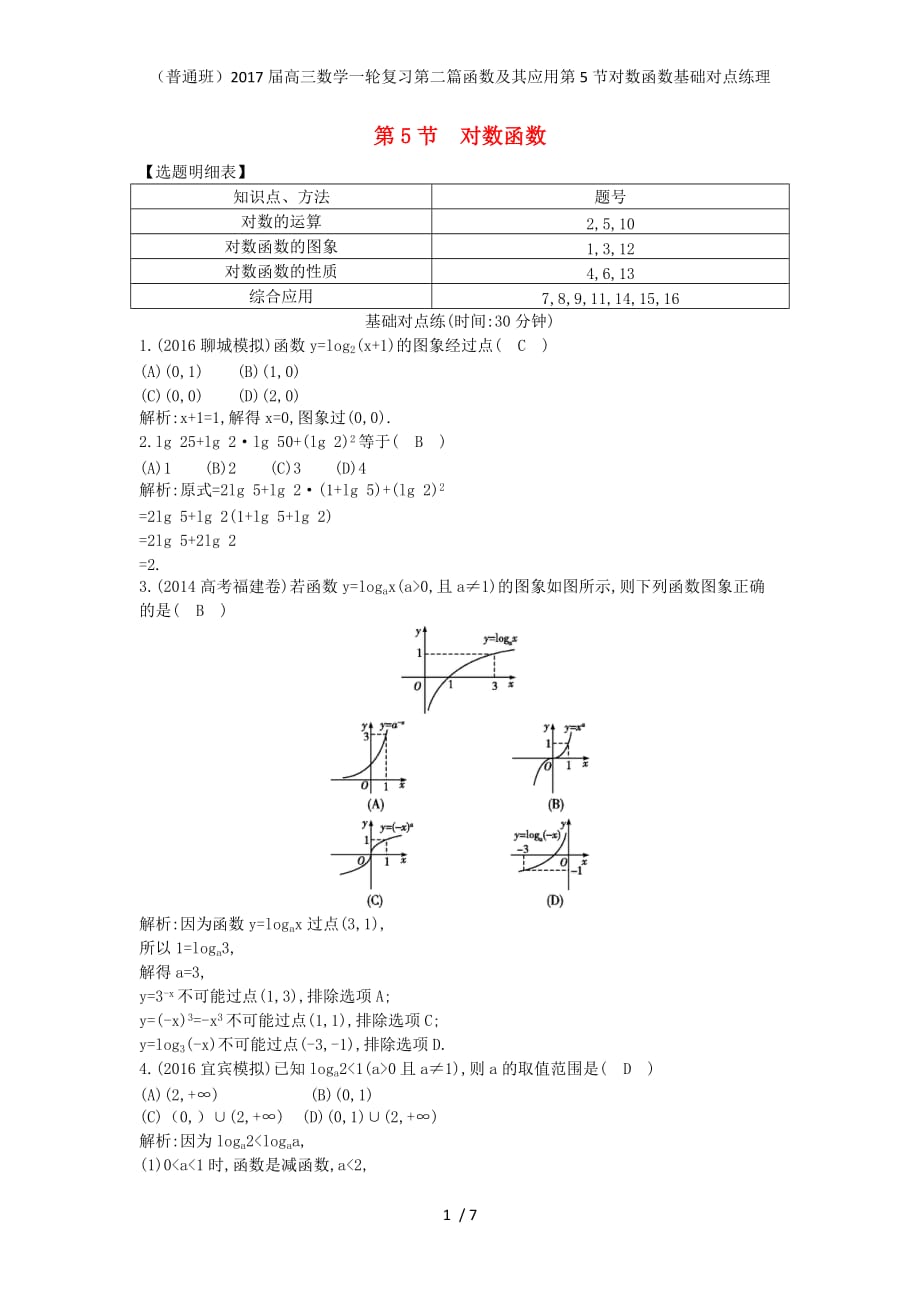 （普通班）高三数学一轮复习第二篇函数及其应用第5节对数函数基础对点练理_第1页