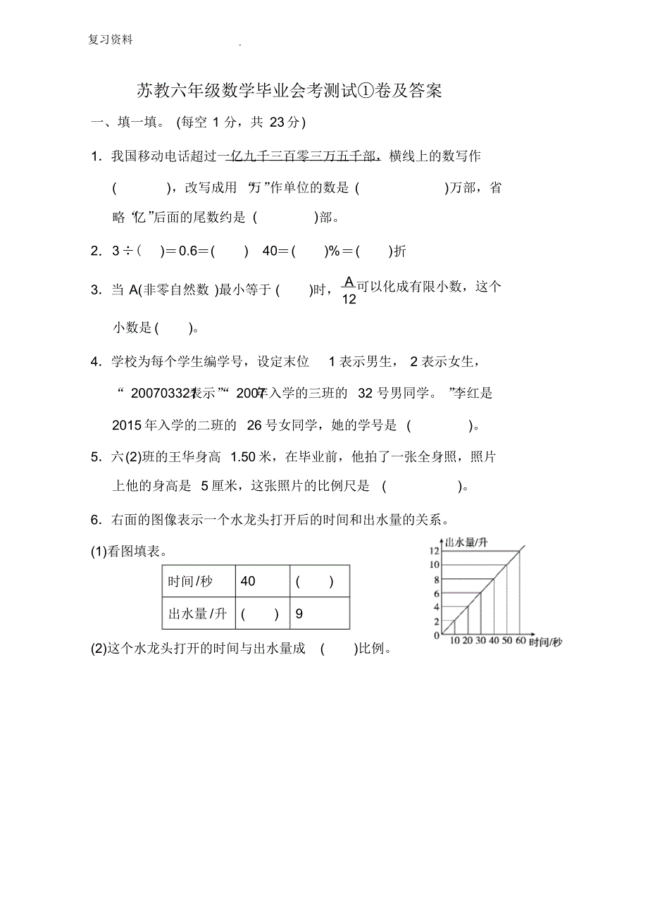 苏教六年级数学毕业会考测试①卷及答案（最新汇编）_第1页