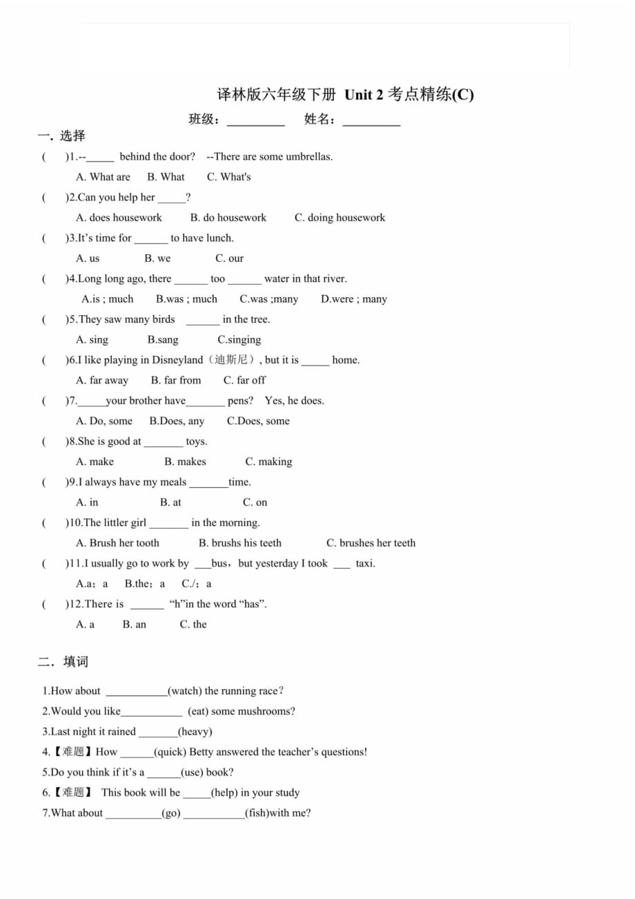 译林版英语六年级下册Unit2考点精练(C)（最新汇编）_第1页