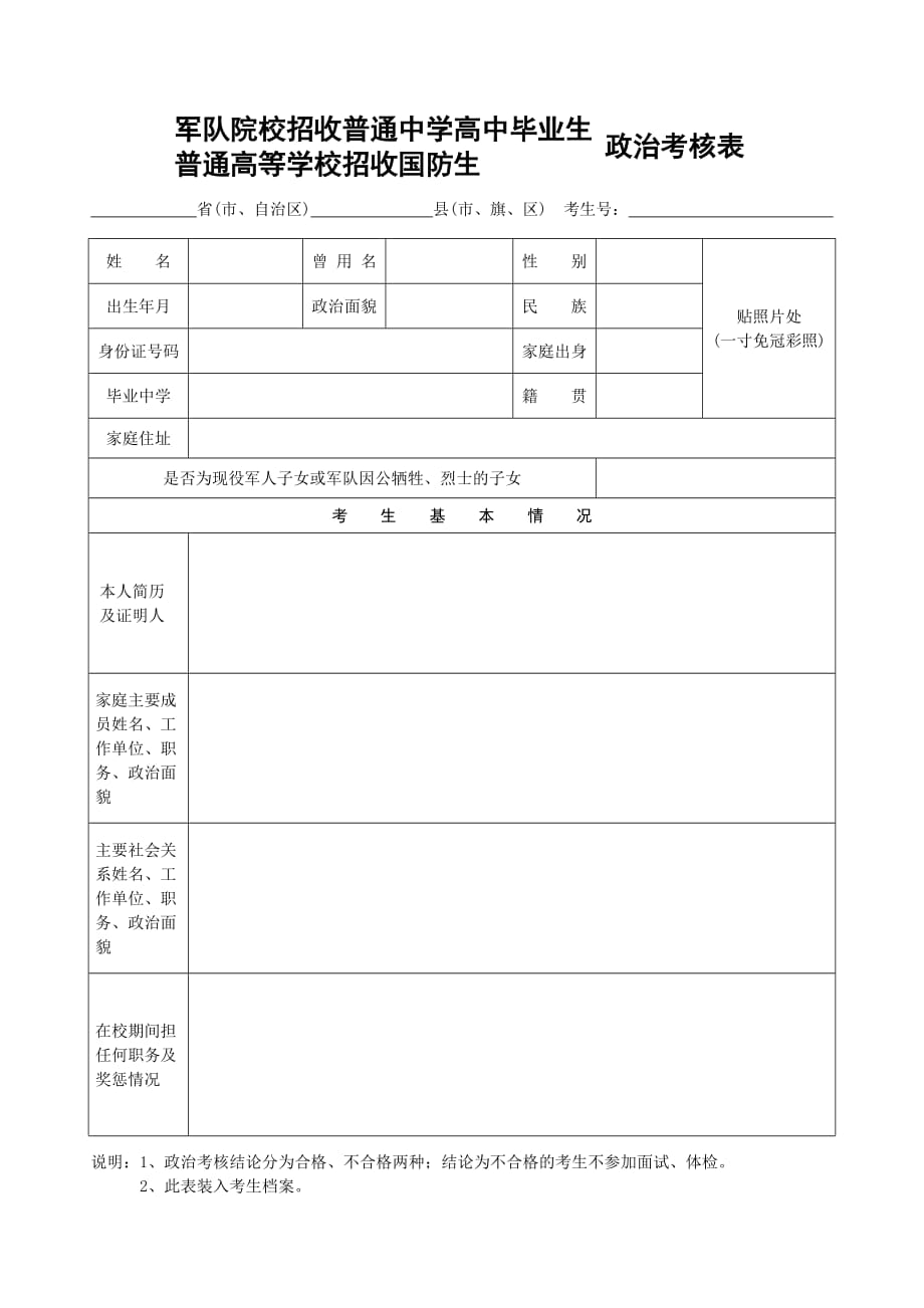 军校及国防生招收普通中学高中毕业生政审考核表.doc_第1页