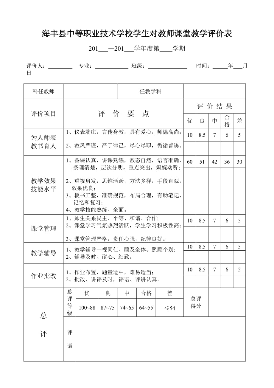 海丰中职学生对教师课堂教学评价表_第1页