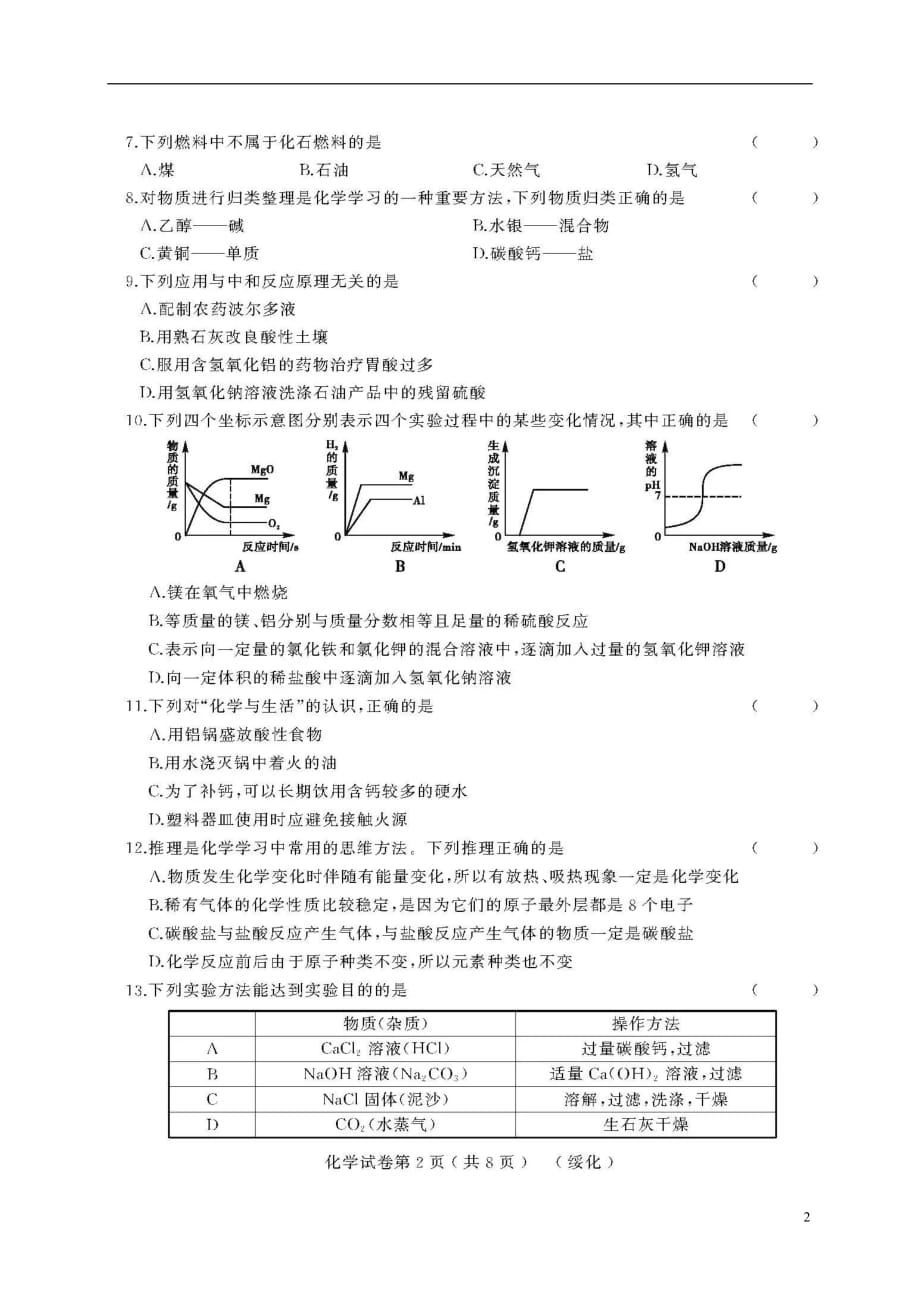 黑龙江省绥化市九年级化学升学模拟大考卷（二）（扫描版）_第2页