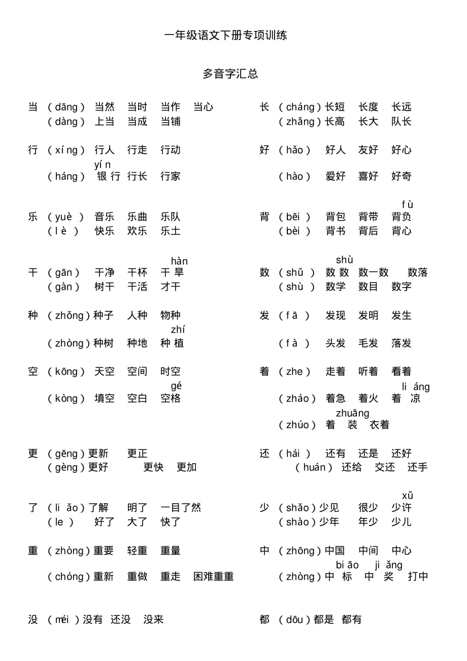 部编版语文一年级多音字汇总（最新汇编）_第1页