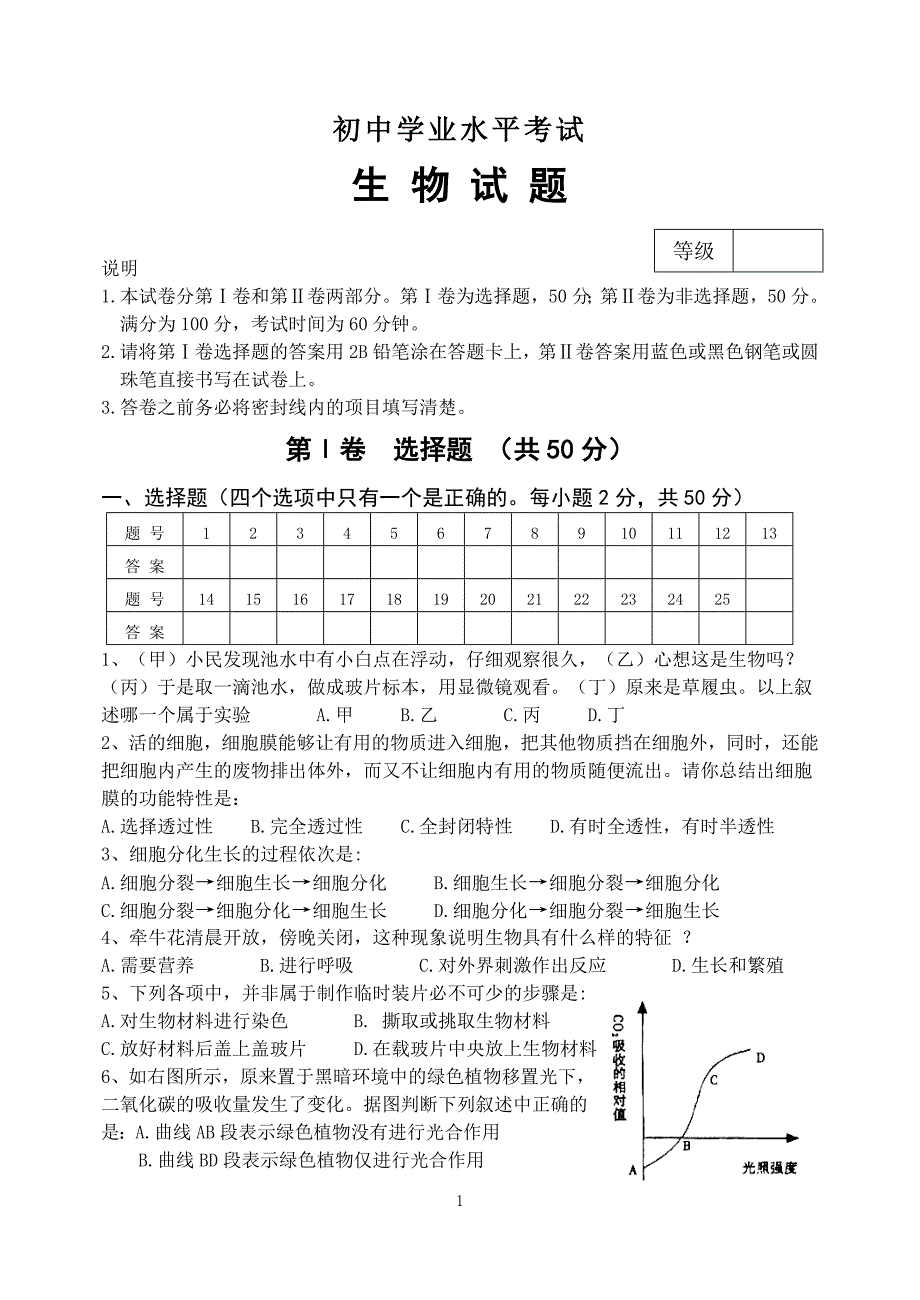 （2020年整理）初中学业水平考试生物试题及答案.doc_第1页