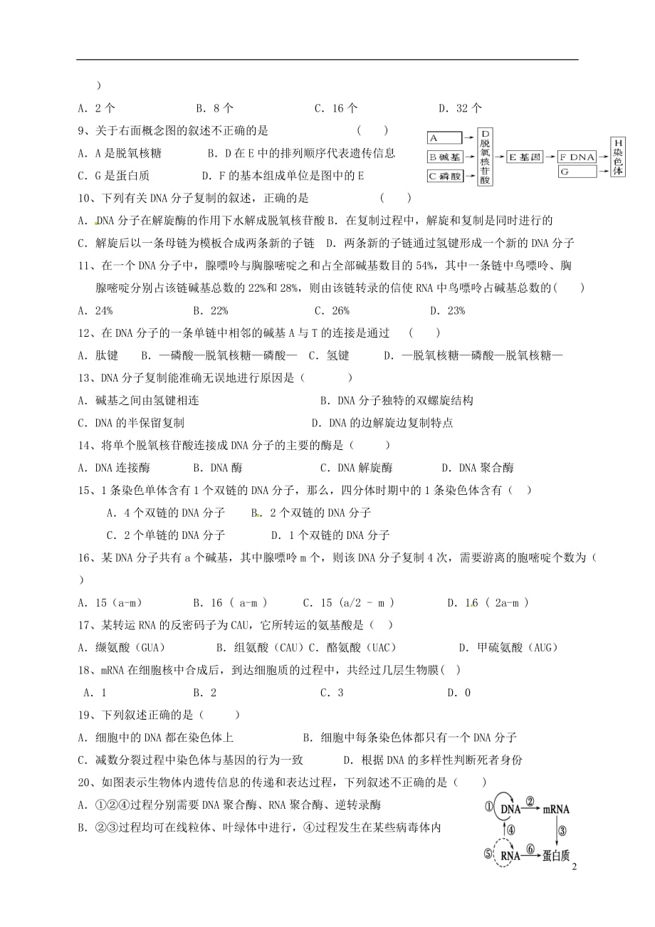 高一生物6月月考试题理（无答案）_第2页