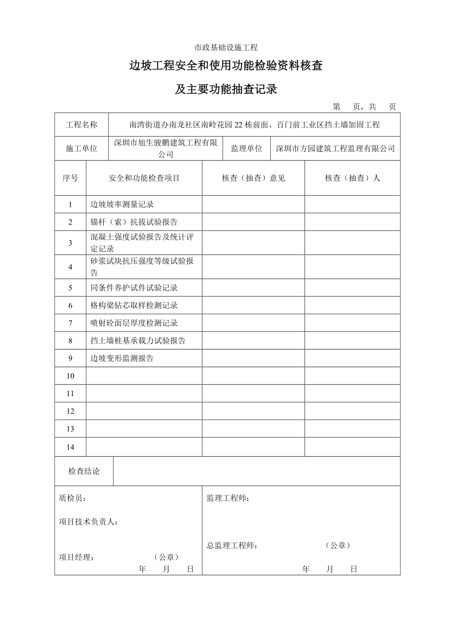 边坡工程安全和使用功能检验资料核查及主要功能抽查记录_第1页