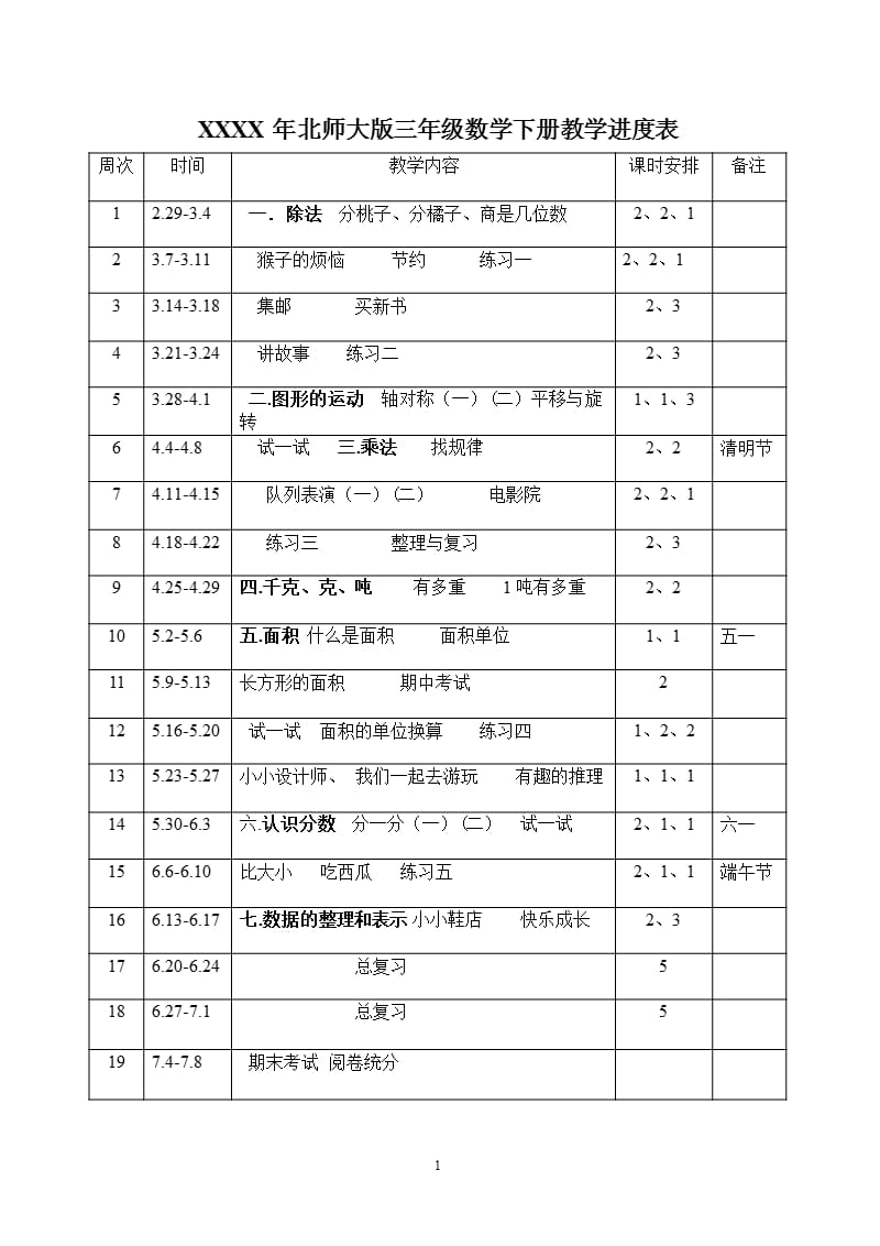 北师大版三年级数学下册教学进度表（2020年整理）.pptx_第1页