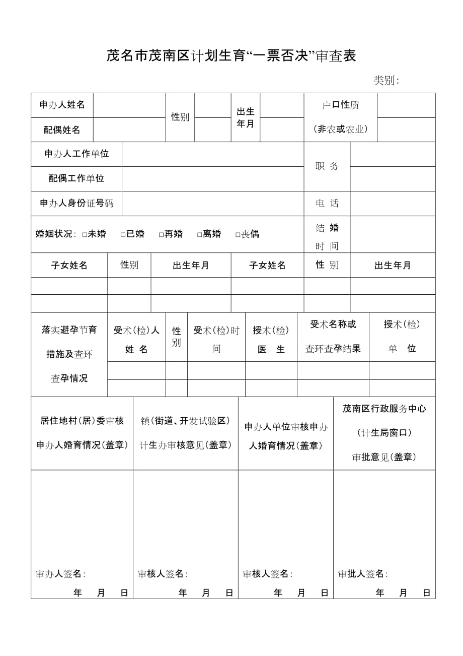茂名市茂南区计划生育“一票否决”审查表_第1页