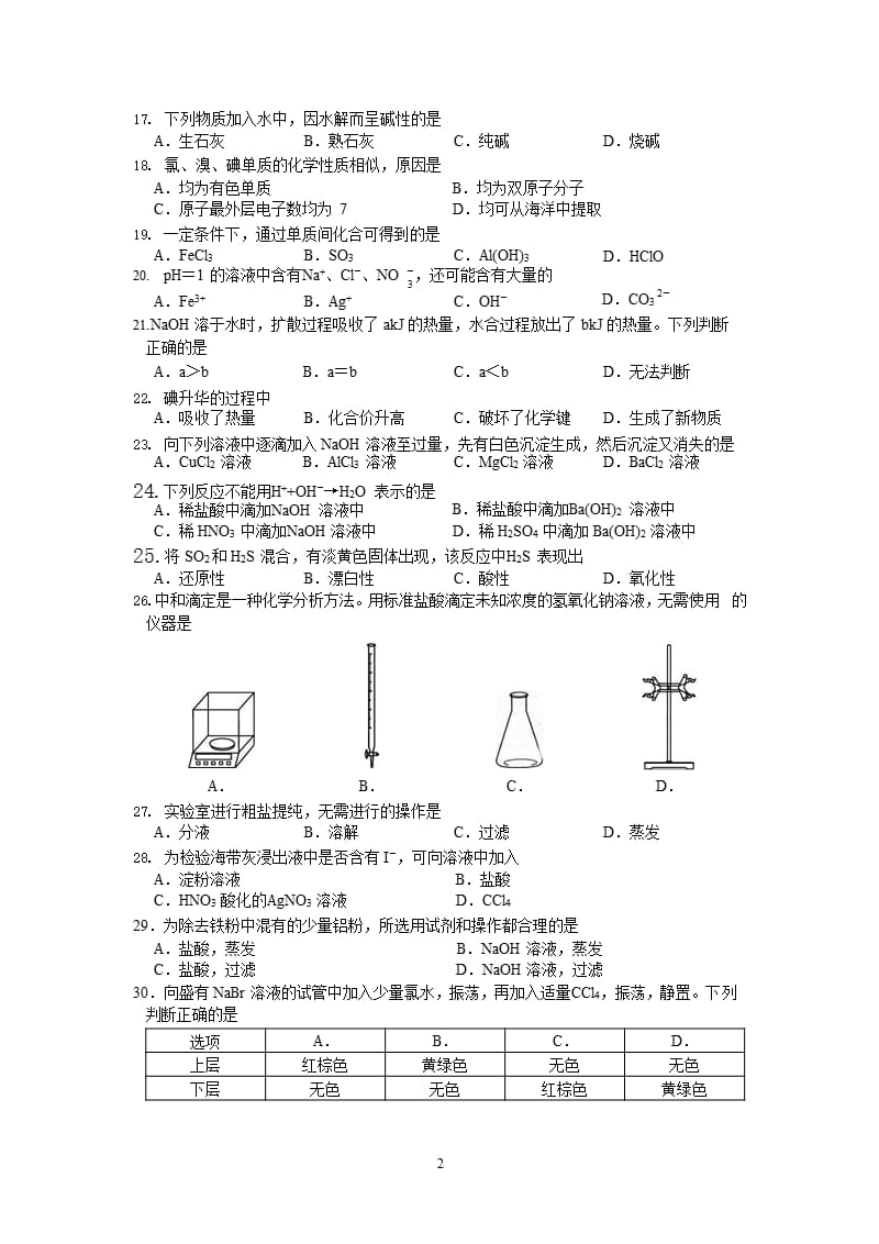 上海市普通高中学业水平合格性考试化学试卷(含答案)（2020年整理）.pptx_第2页