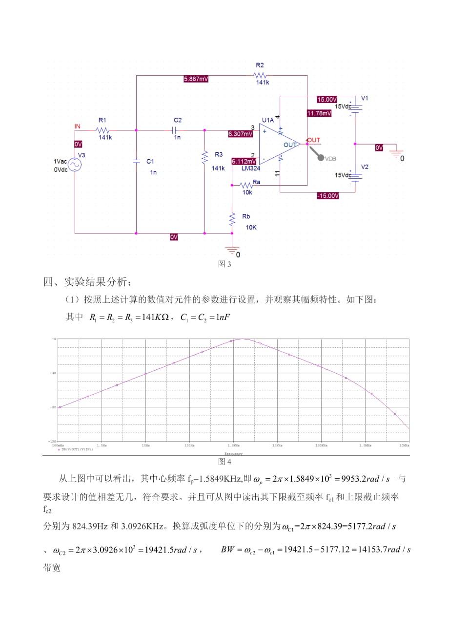 实验报告3基于正反馈结构的带通滤波器的设计_第4页