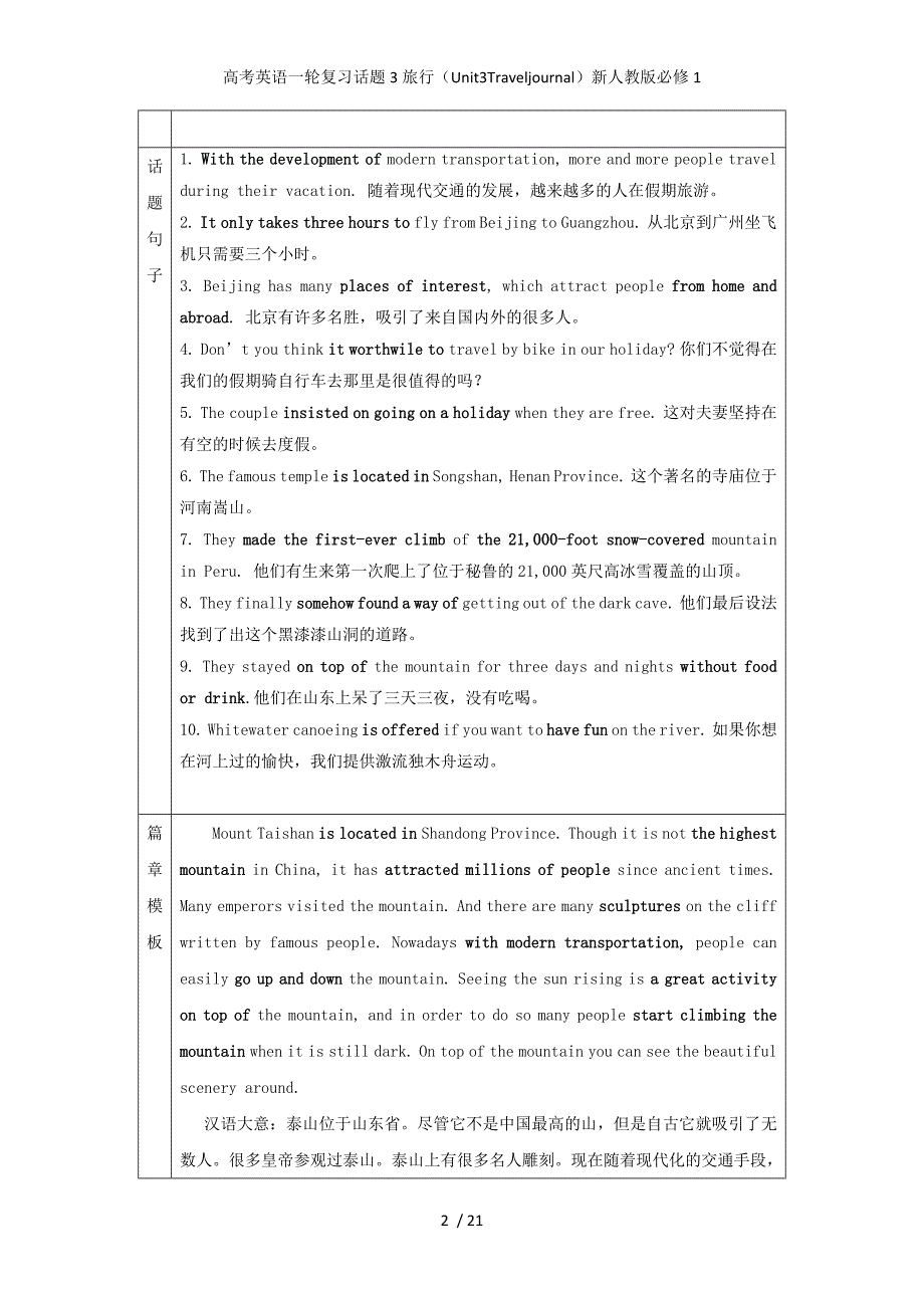 高考英语一轮复习话题3旅行（Unit3Traveljournal）新人教版必修1_第2页