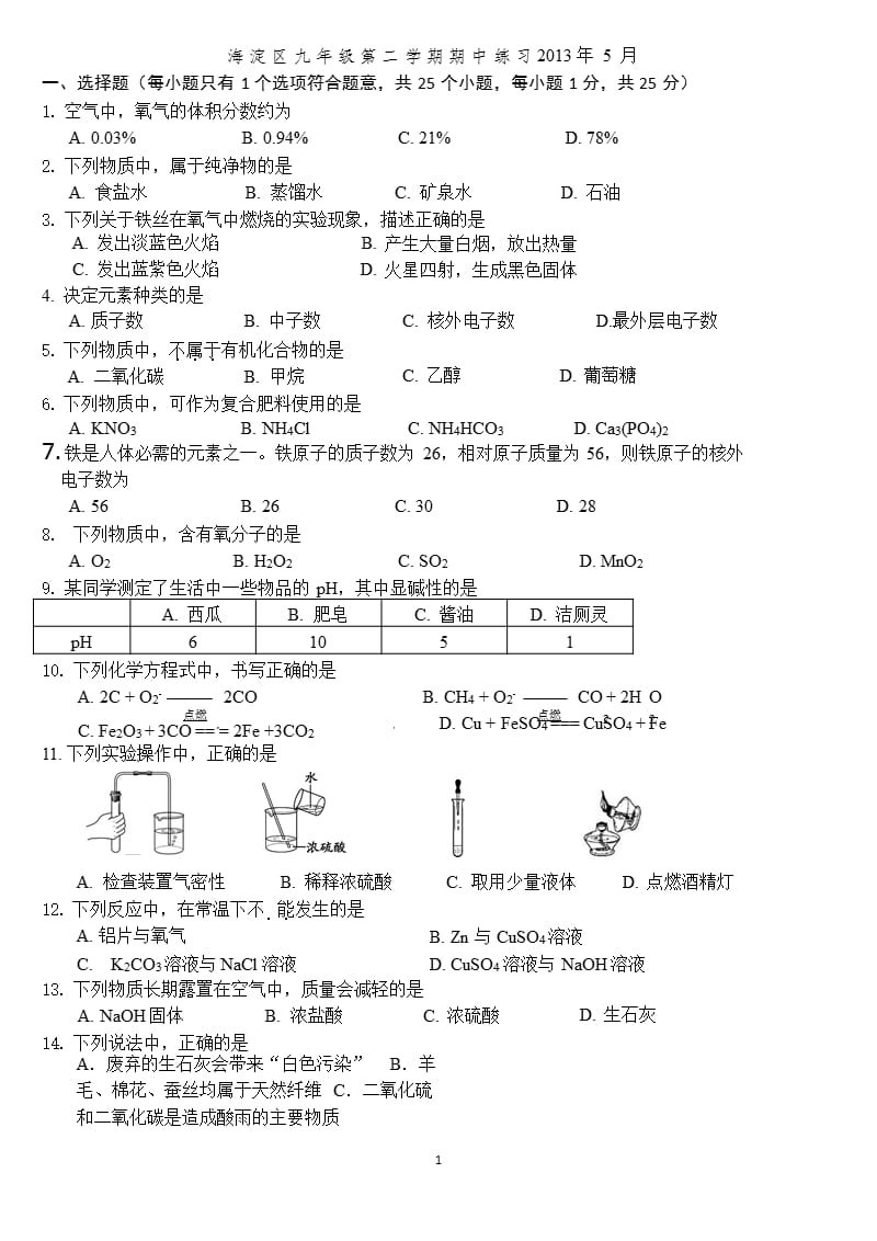 北京市海淀区初三化学一模试题及答案（2020年整理）.pptx_第1页