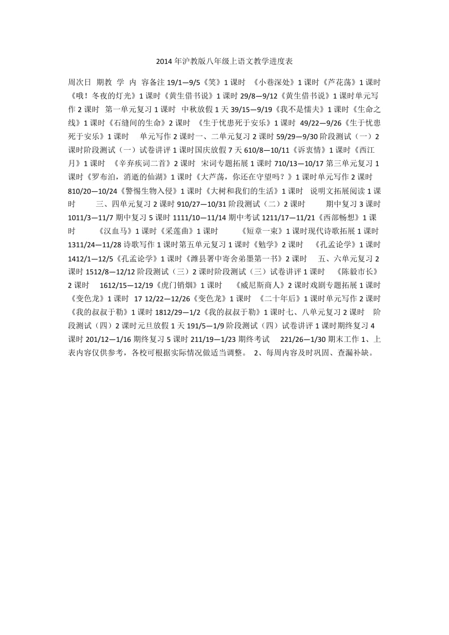 2014年沪教版八年级上语文教学进度表_第1页