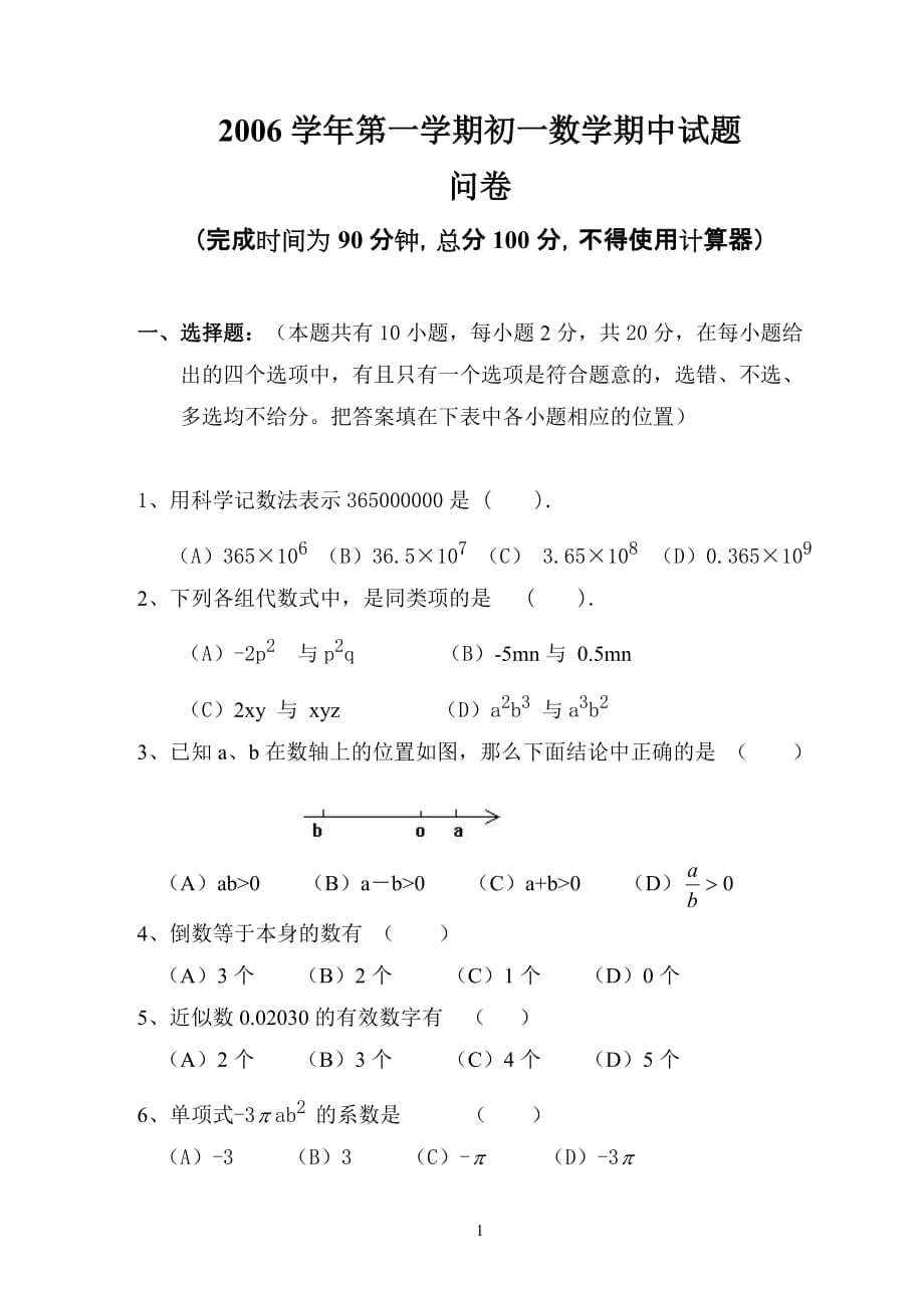 (正版)2006学年第一学期初一数学期中试题[7页]_第1页