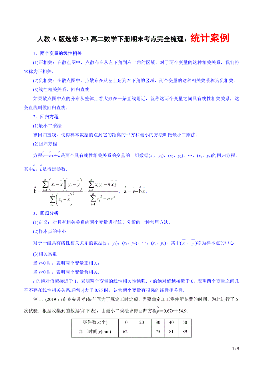 人教A版选修2-3高二数学下册期末考点完全梳理：统计案例（附答案与全解全析）_第1页