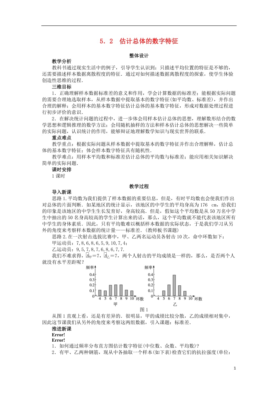 高中数学-第一章-统计-1-5-2-估计总体的数字特征教案-北师大版必修31_第1页