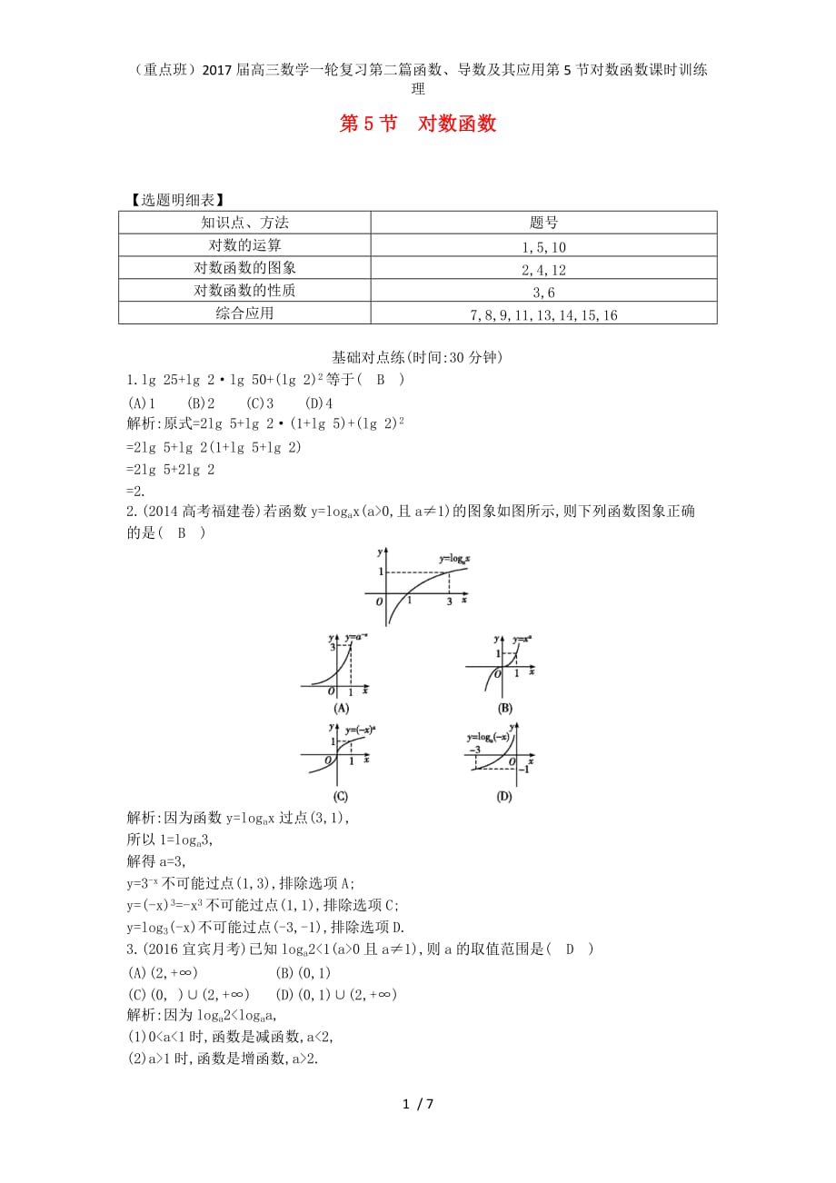 （重点班）高三数学一轮复习第二篇函数、导数及其应用第5节对数函数课时训练理_第1页