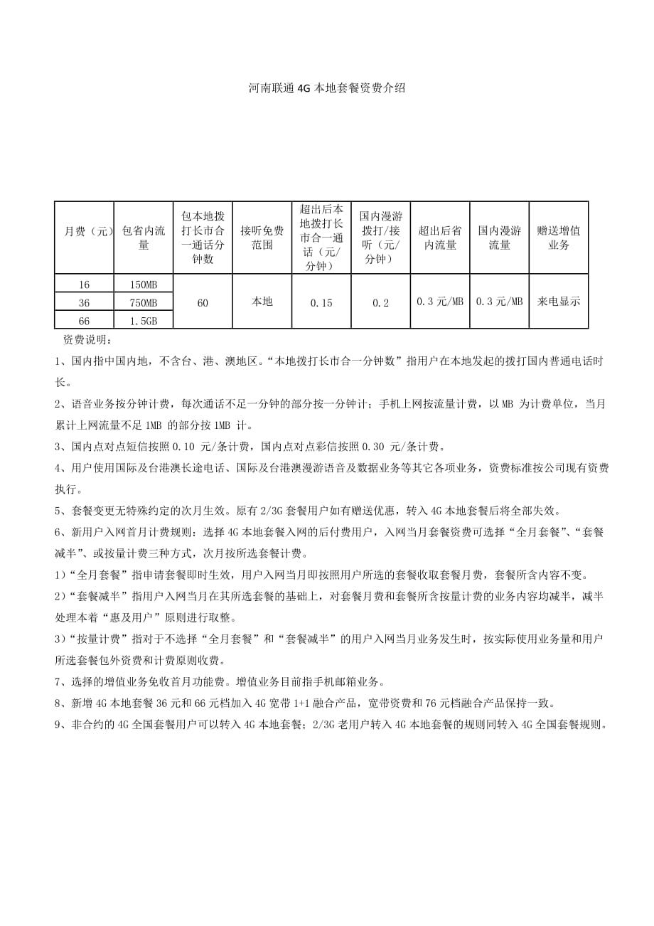 河南联通4G本地套餐资费介绍.doc_第1页