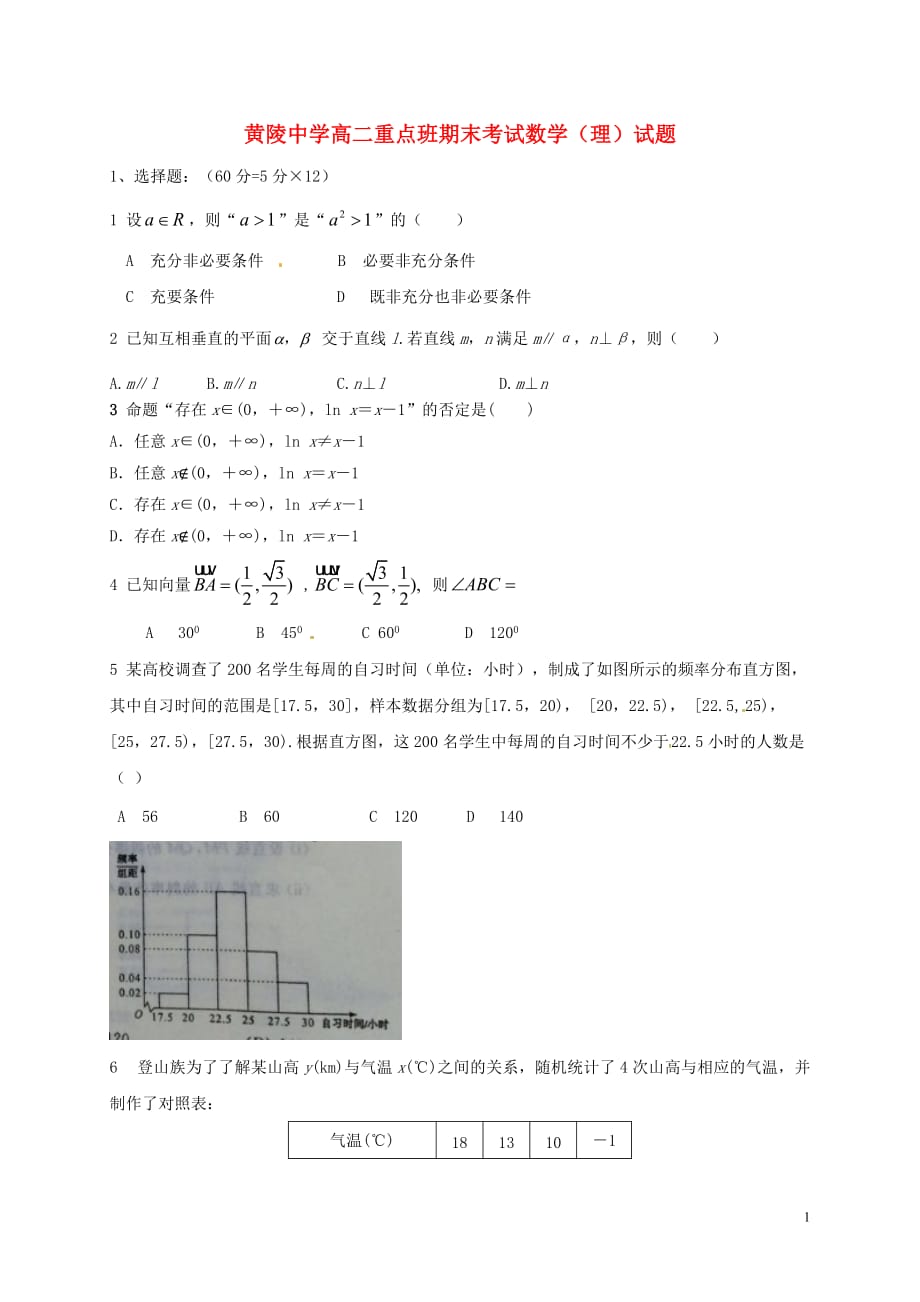 陕西省黄陵中学高二数学上学期期末考试试题理（重点班）_第1页