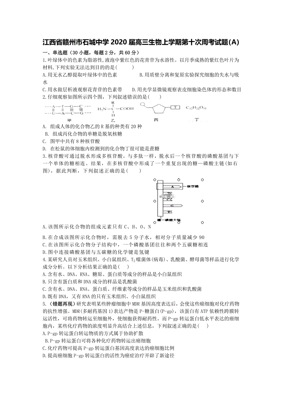 江西省赣州市石城中学2020届高三生物上学期第十次周考试题A[含答案].doc_第1页