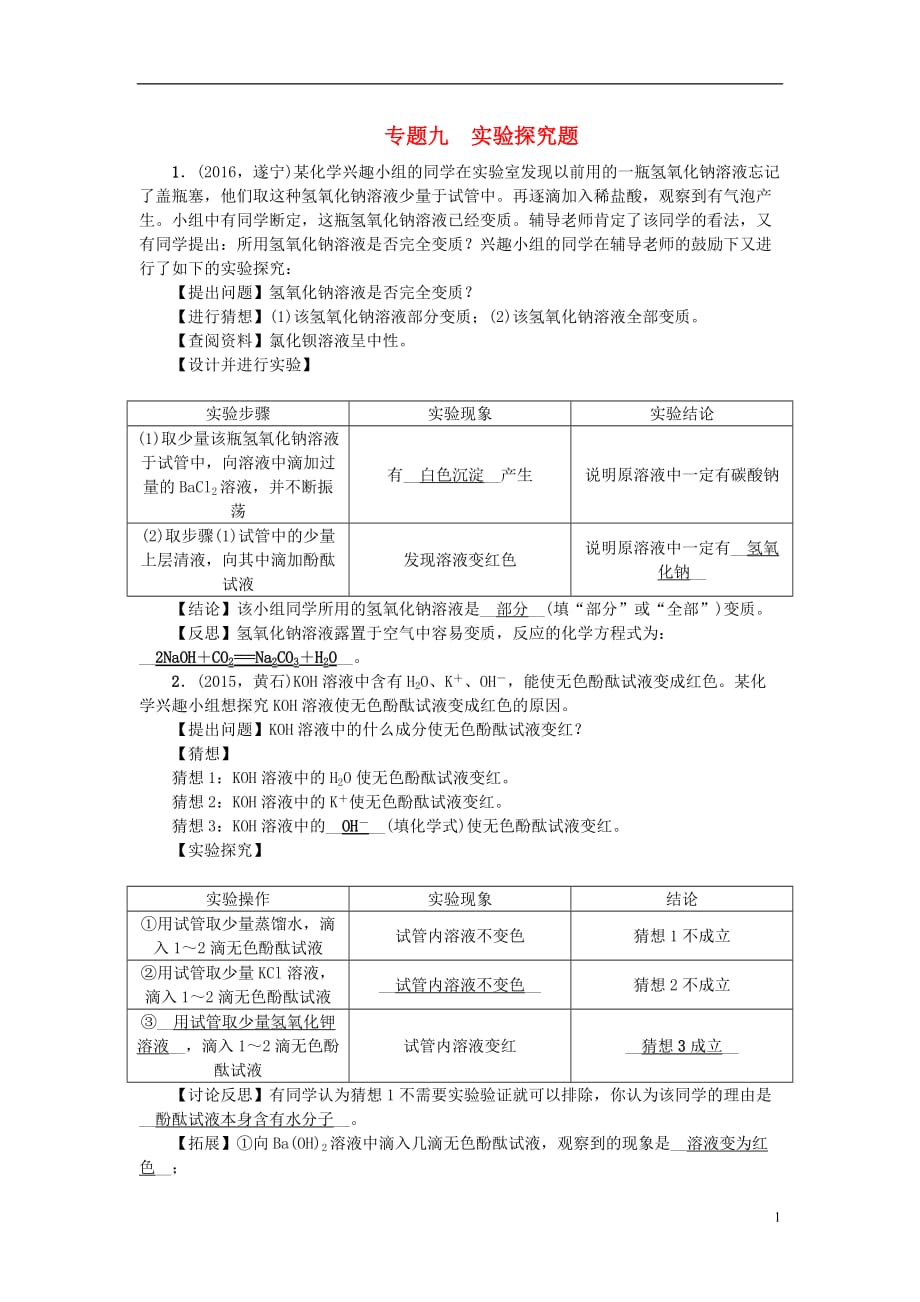 （广西地区）中考化学总复习第二篇专题聚焦专题九实验探究题检测_第1页