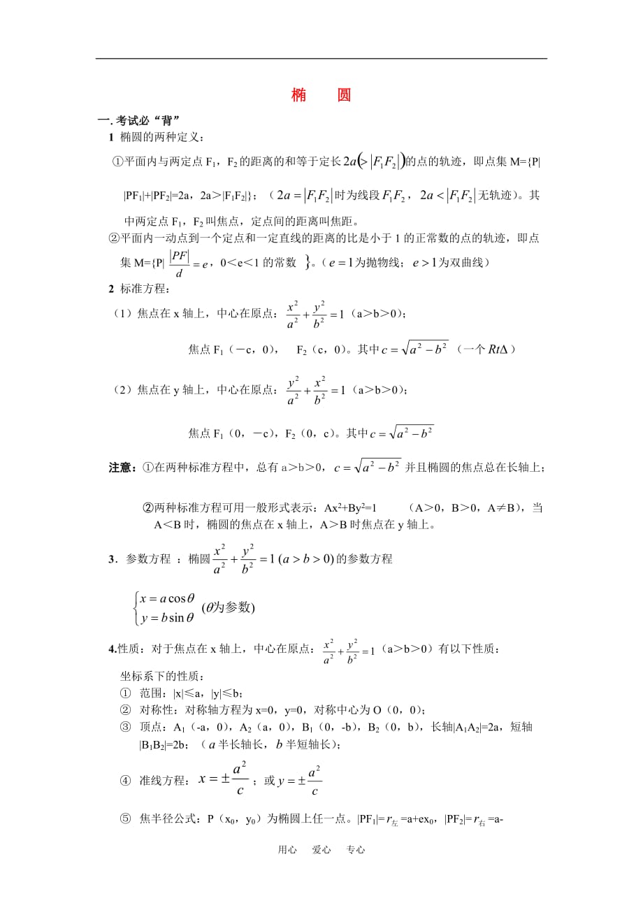 高三数学椭圆性质总结及习题素材 新人教版.doc_第1页