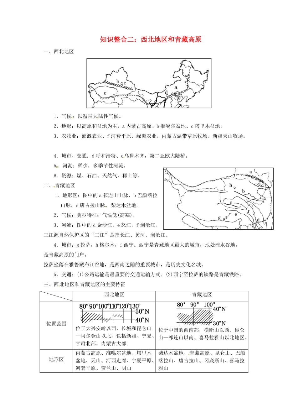 陕西省西安市中考地理专题四中国地理第二讲中国地理分区知识整合二西北地区和青藏高原讲义中图版_第1页