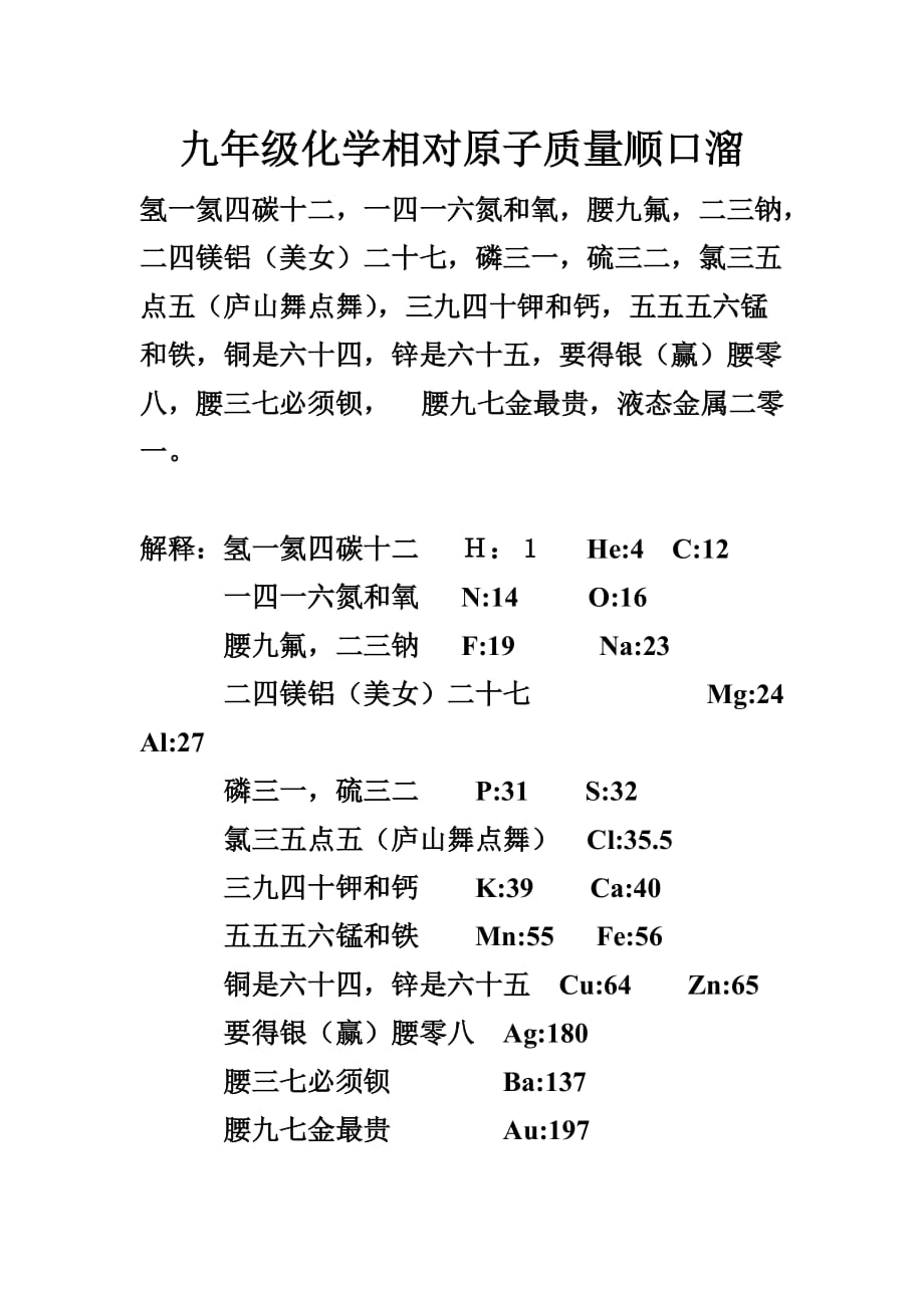 树德学校九年级化学相对原子质量顺口溜.doc_第1页