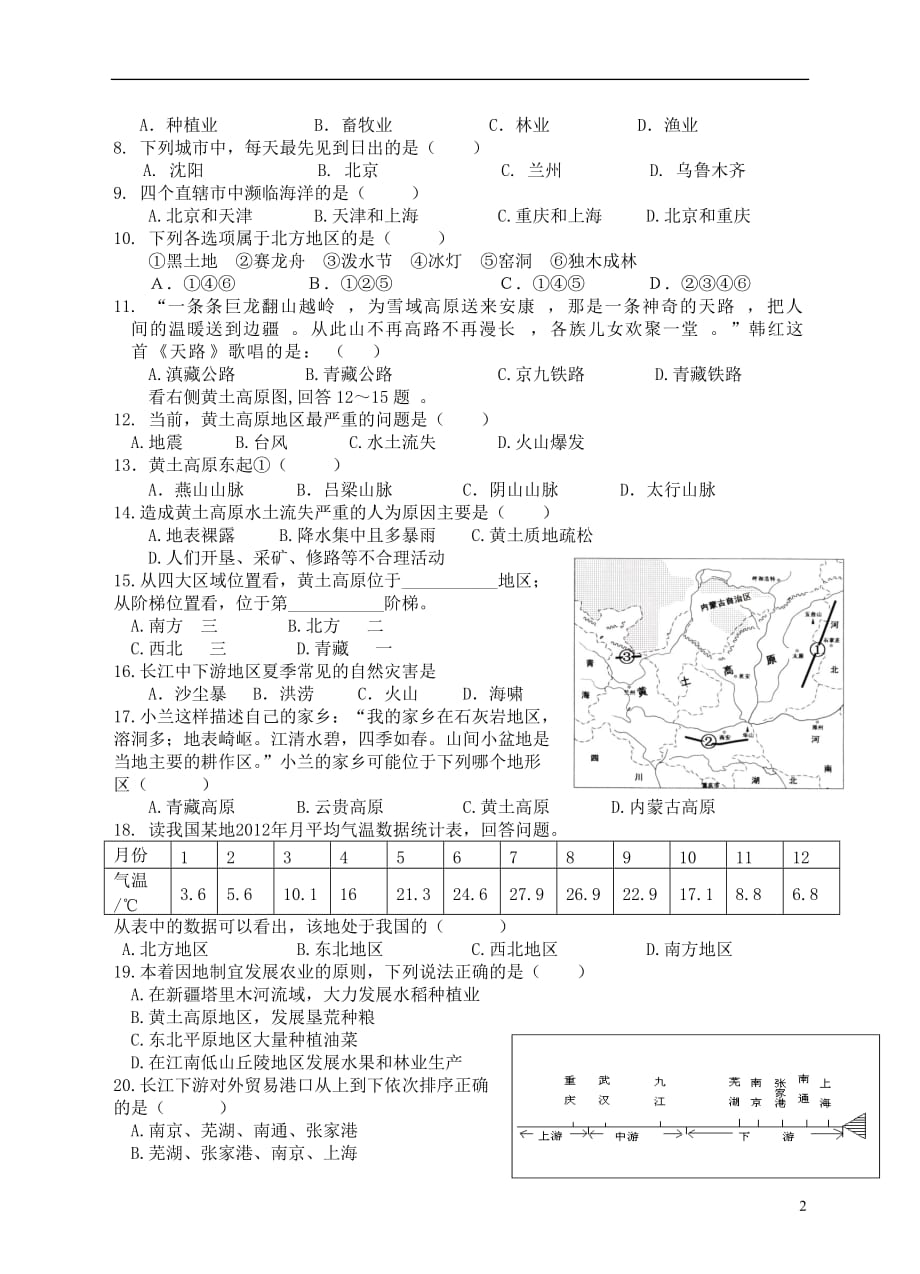 江苏省泰州市海陵区、高港区、市直2012-2013学年八年级地理第二学期期中试卷.doc_第2页