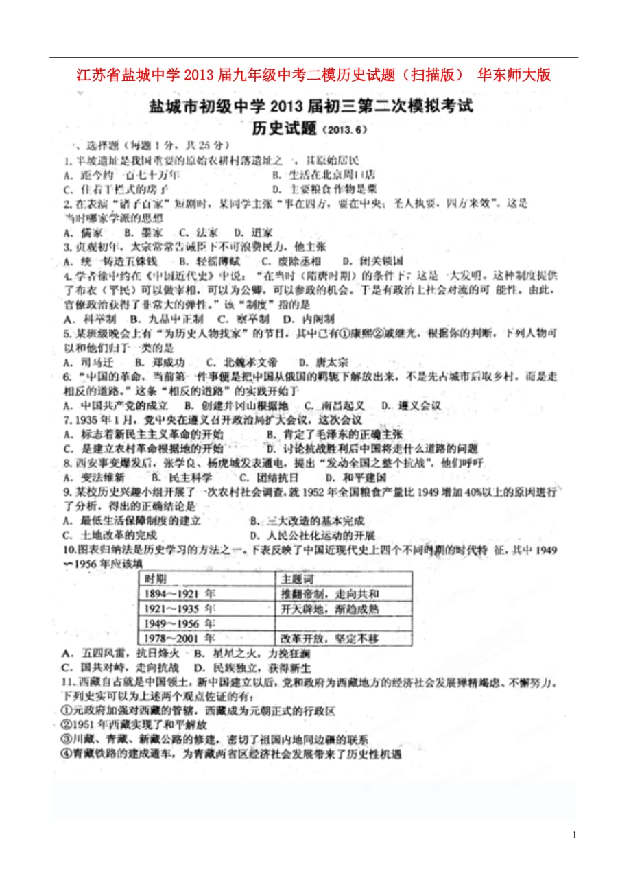 江苏省2013届中考历史二模试题（扫描版） 华东师大版.doc_第1页
