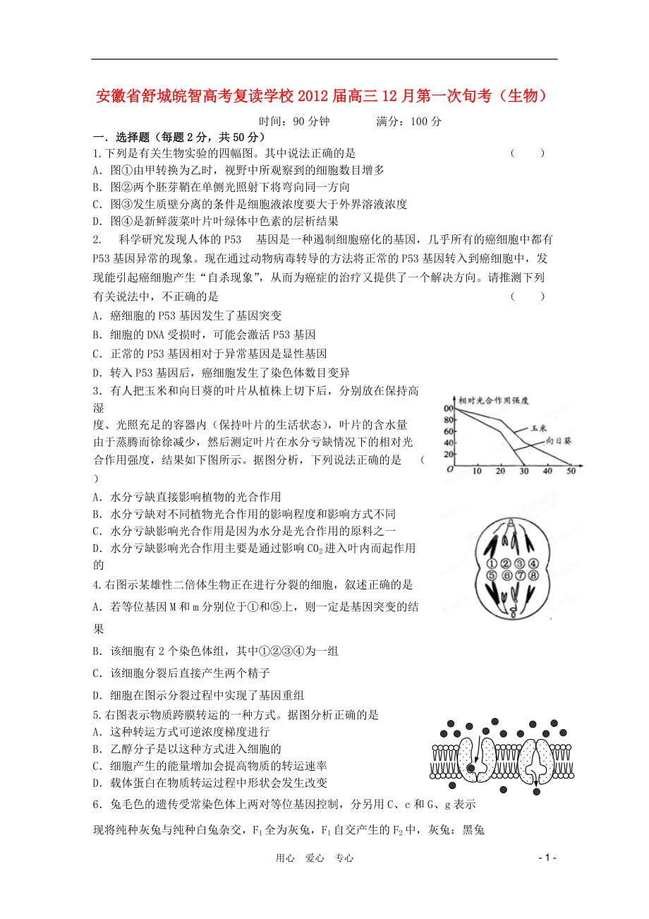 安徽省舒城皖智高考复读学校2012届高三生物12月第一次旬考（无答案）新人教版.doc_第1页