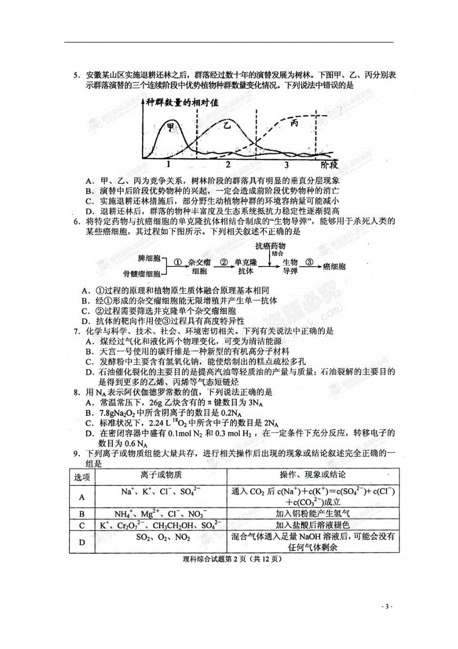 安徽省安庆市2013届高三理综联考试题 （扫描版）.doc_第3页