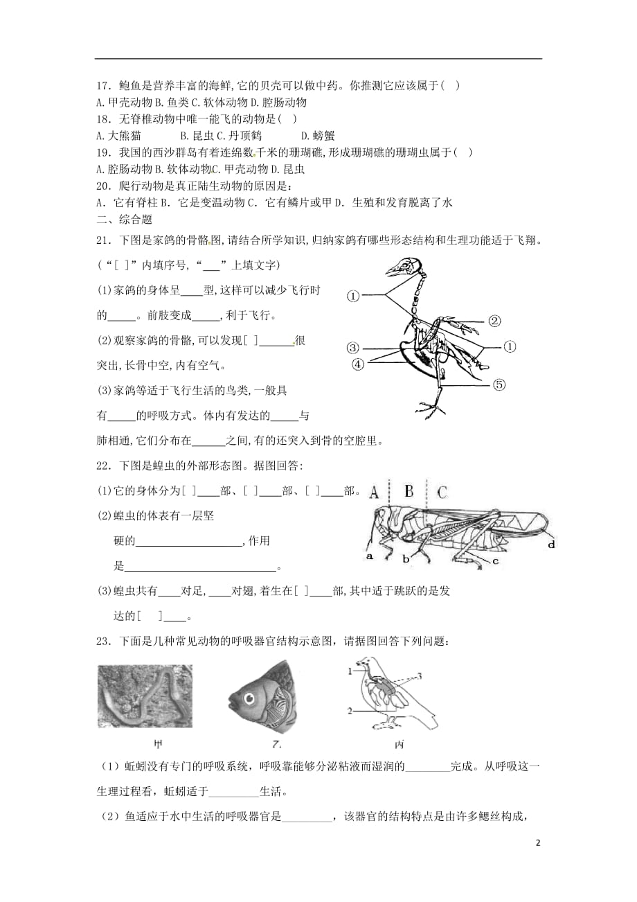 辽宁省大石桥市水源镇九年一贯制学校八年级生物上册复习题（一）（无答案）新人教版_第2页