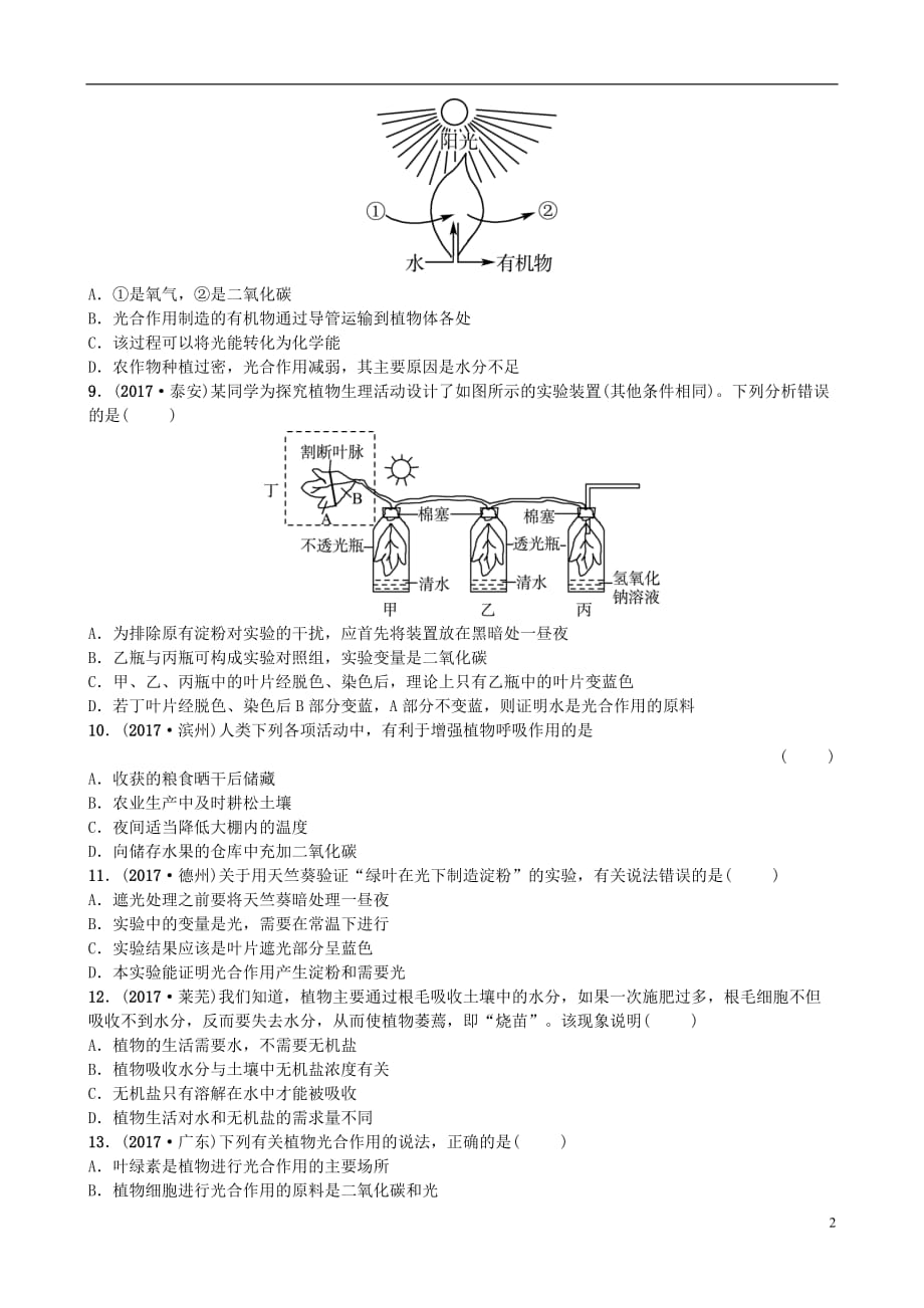 山东省济南市中考生物第二单元多彩的生物世界第一章生物圈中的绿色植物实战演练_第2页