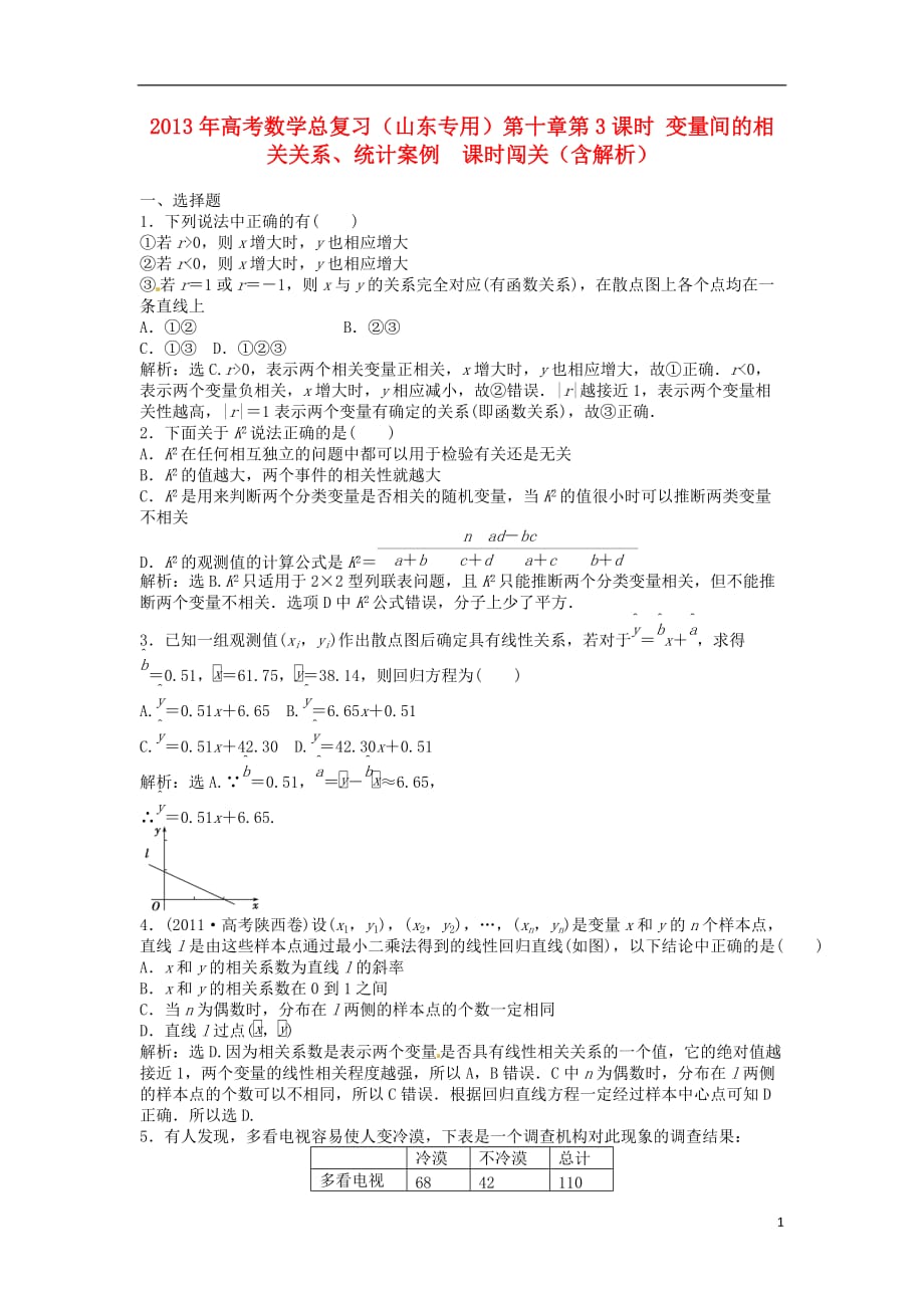 （山东专用）2013年高考数学总复习 第十章第3课时 变量间的相关关系、统计案例 课时闯关（含解析）.doc_第1页