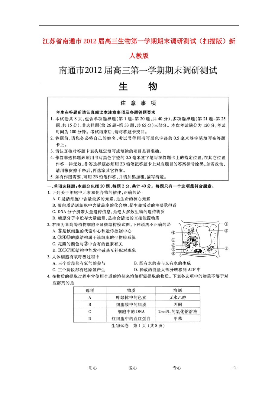 江苏省南通市2012届高三生物第一学期期末调研测试（扫描版）新人教版.doc_第1页