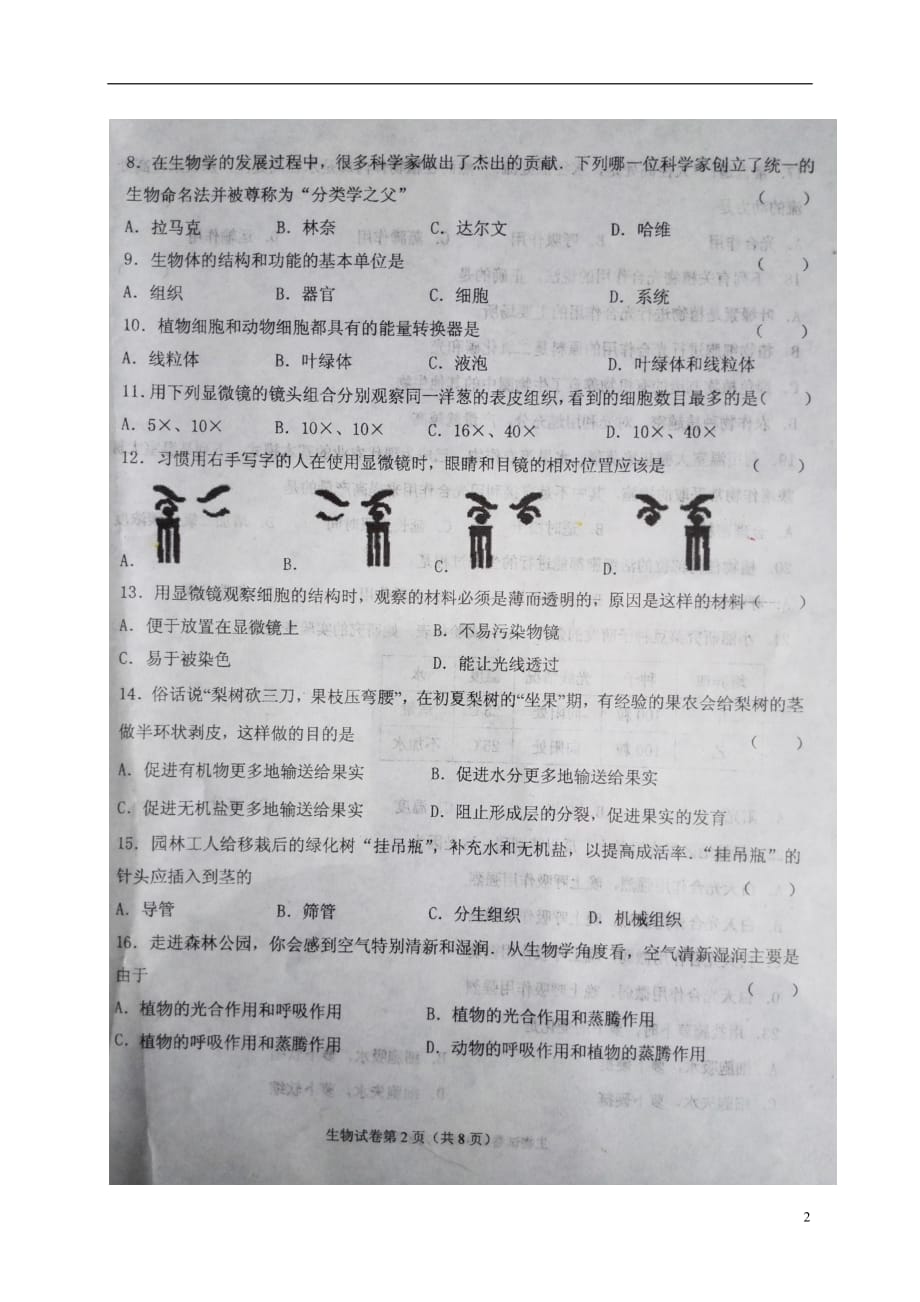 辽宁省新宾县七年级生物上学期期末考试试题（扫描版）新人教版_第2页
