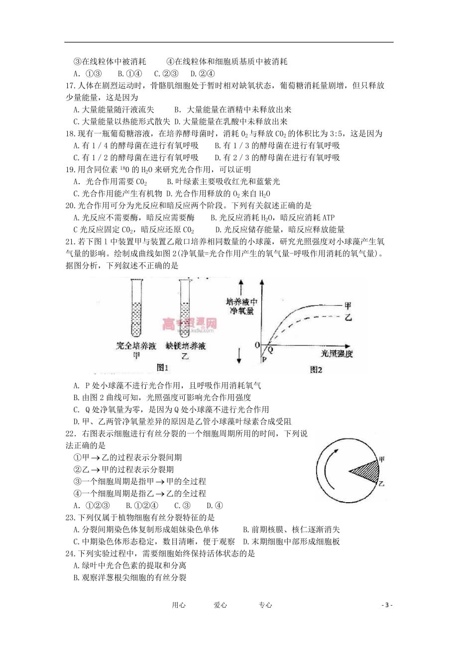 北京市朝阳区11-12学年高二生物上学期期末考试试题（无答案）.doc_第3页