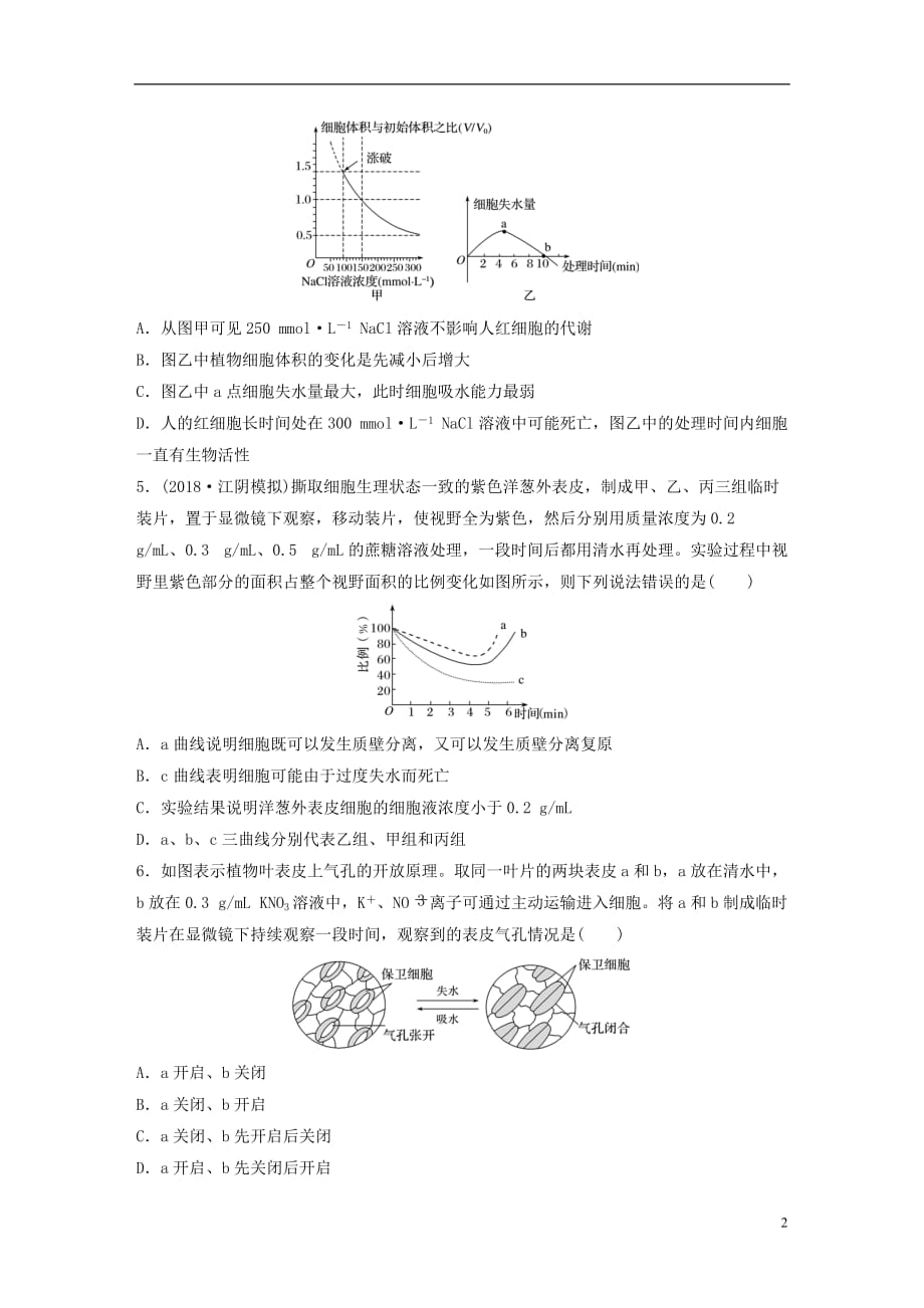 （江苏专）高考生物一轮复习重点强化练14应用渗透系统的原理、解答细胞的吸水与失水问题新人教_第2页