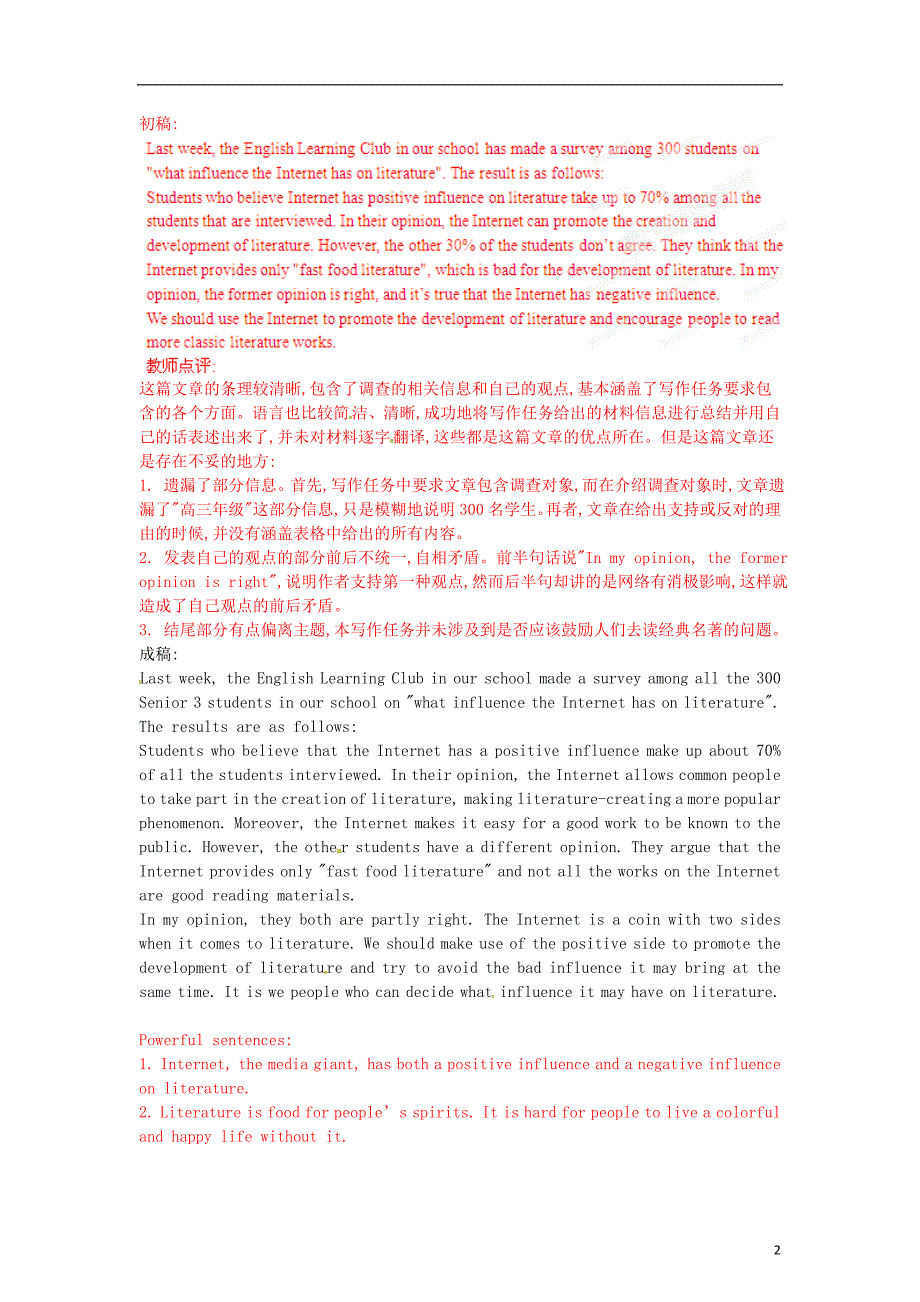 湖南省长沙县实验中学2013届高三英语二轮复习 书面表达复习重点话题指导专题19 文学艺术话题指导（教师版）.doc_第2页