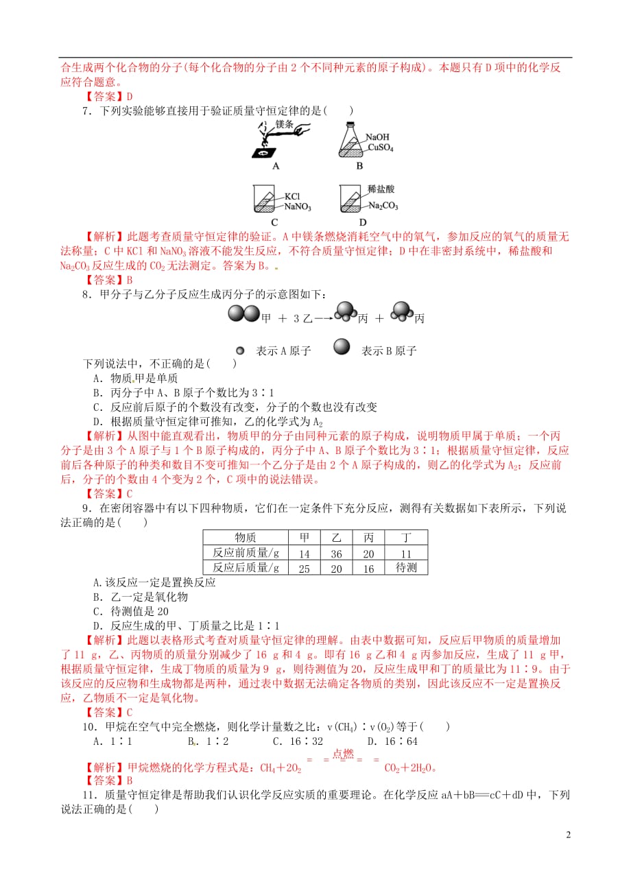 【金牌学案】中考化学复习考点全突破专题训练卷 专题11 质量守恒定律与化学方程式.doc_第2页